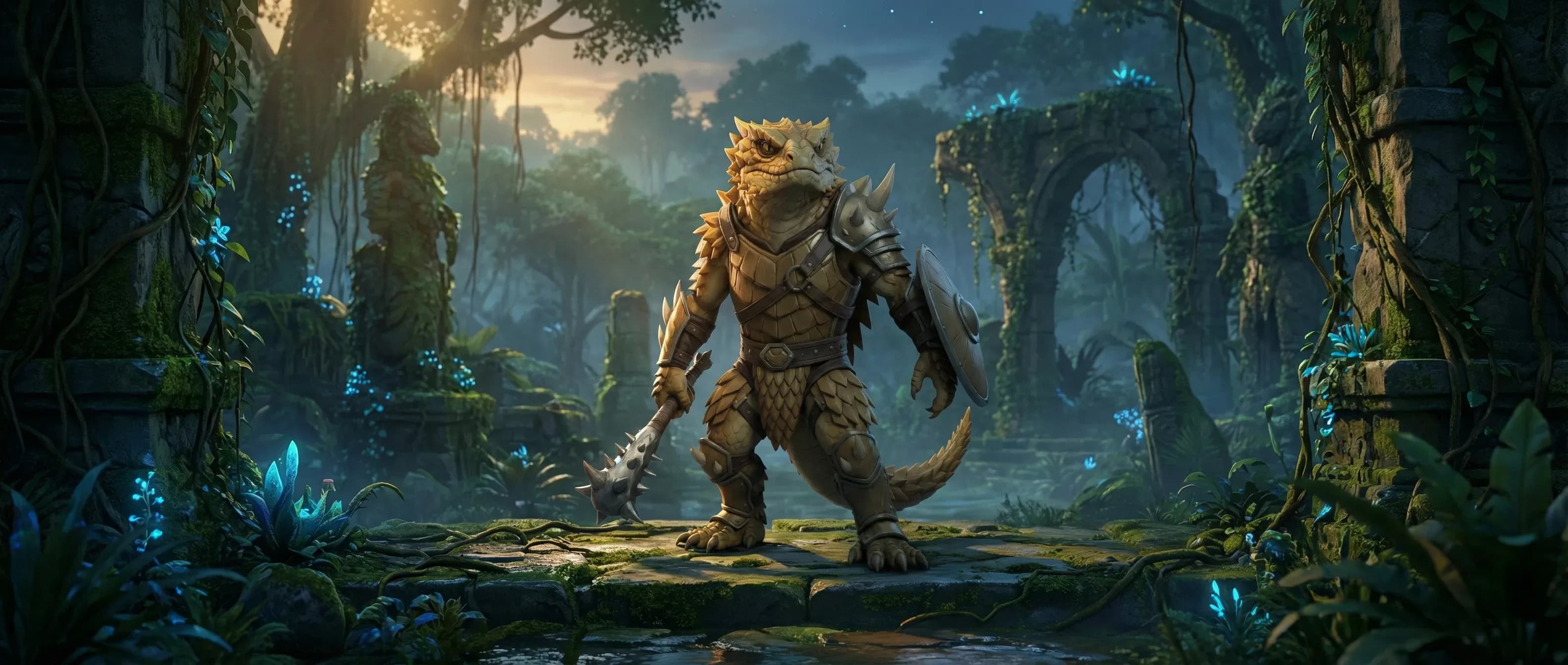 arafed creature in a forest with a sword and a glowing light