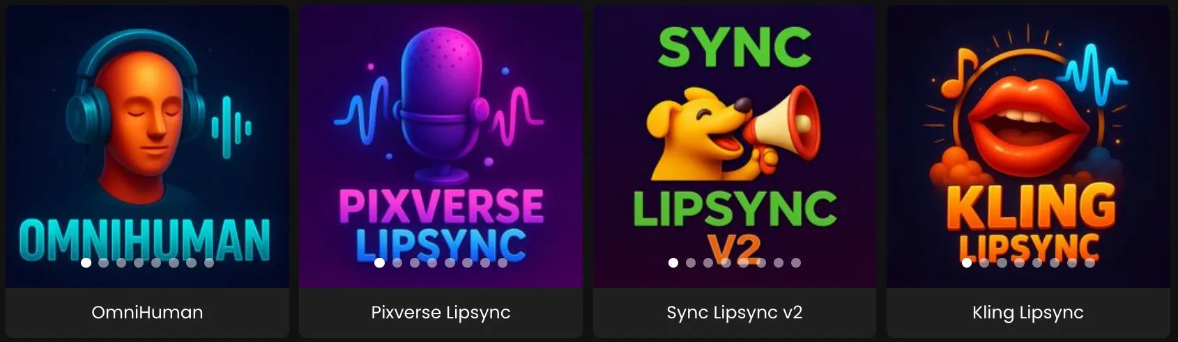 Four colorful promotional banners in dark backgrounds showing different digital personas: a 3D human head with headphones and sound waves, a purple microphone with waveforms, a yellow cartoon dog with megaphone, and orange lips with sound visualization.