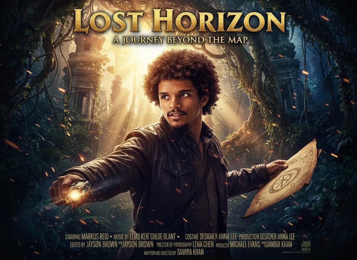Lost Horizon movie poster featuring explorer with glowing compass and ancient map in mystical jungle setting