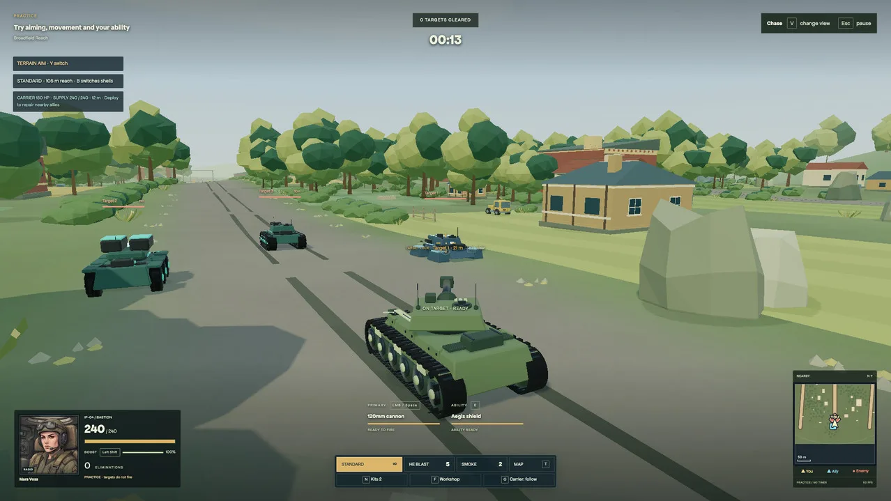 Actual gameplay, chase camera. Commander portrait bottom left, terrain map bottom right.