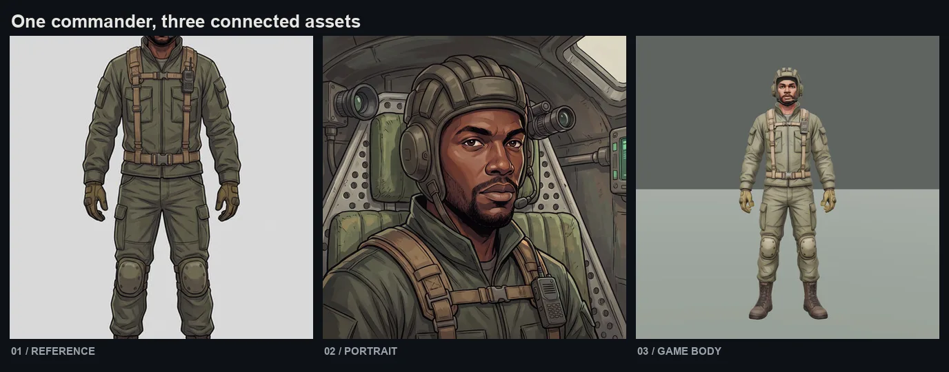 Idris Vale, from full-body reference to radio portrait to game body. Same face, same kit, three different jobs.
