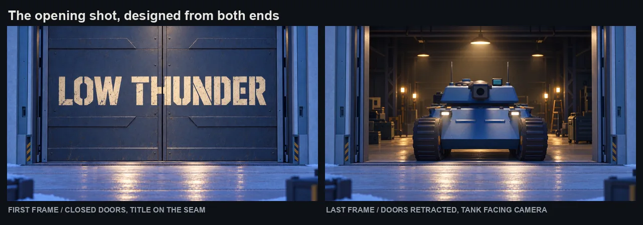 Both ends of the opening shot. The open-door image was made first, then edited backwards into the closed-door start.