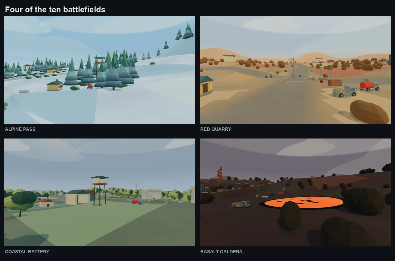 Four of the ten battlefields. Terrain height, roads, cover and navigation were designed together.