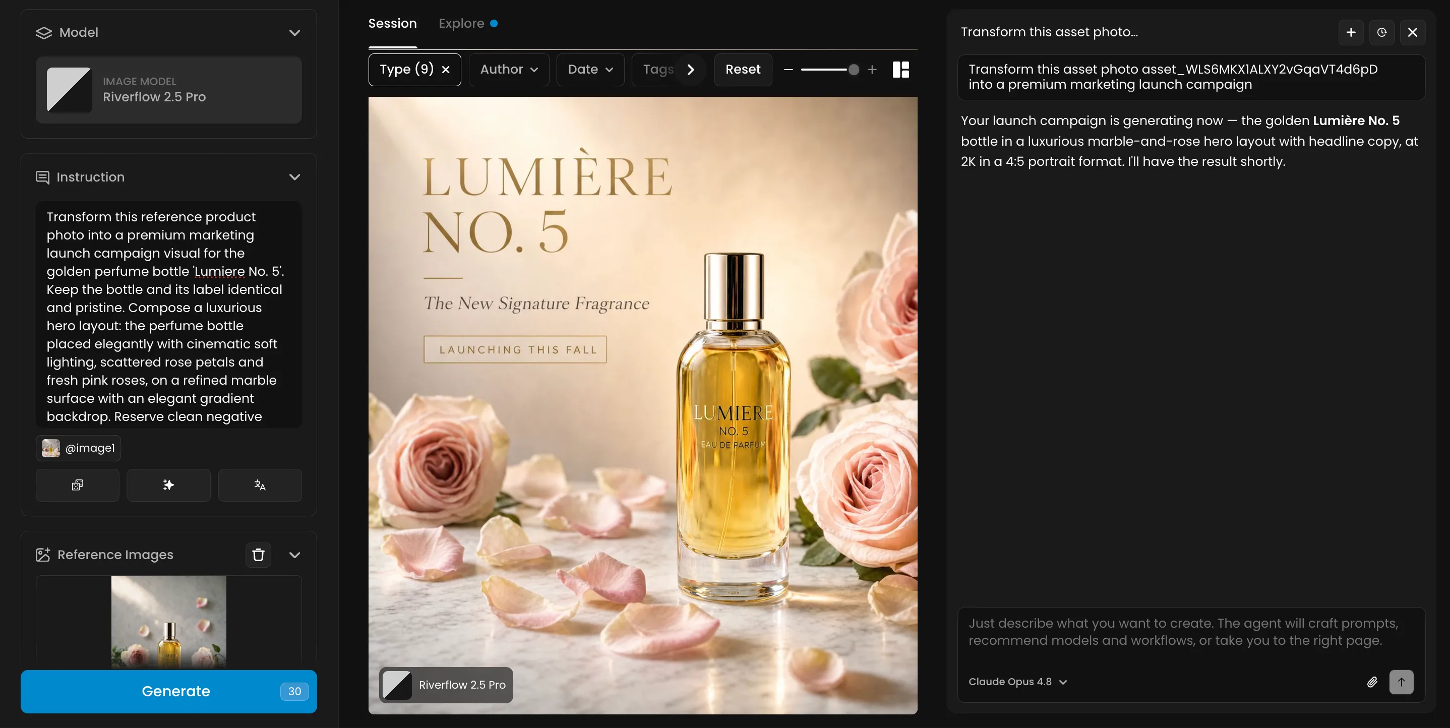Lumiere No. 5 golden perfume bottle with rose petals and marble surface in luxury fragrance marketing campaign