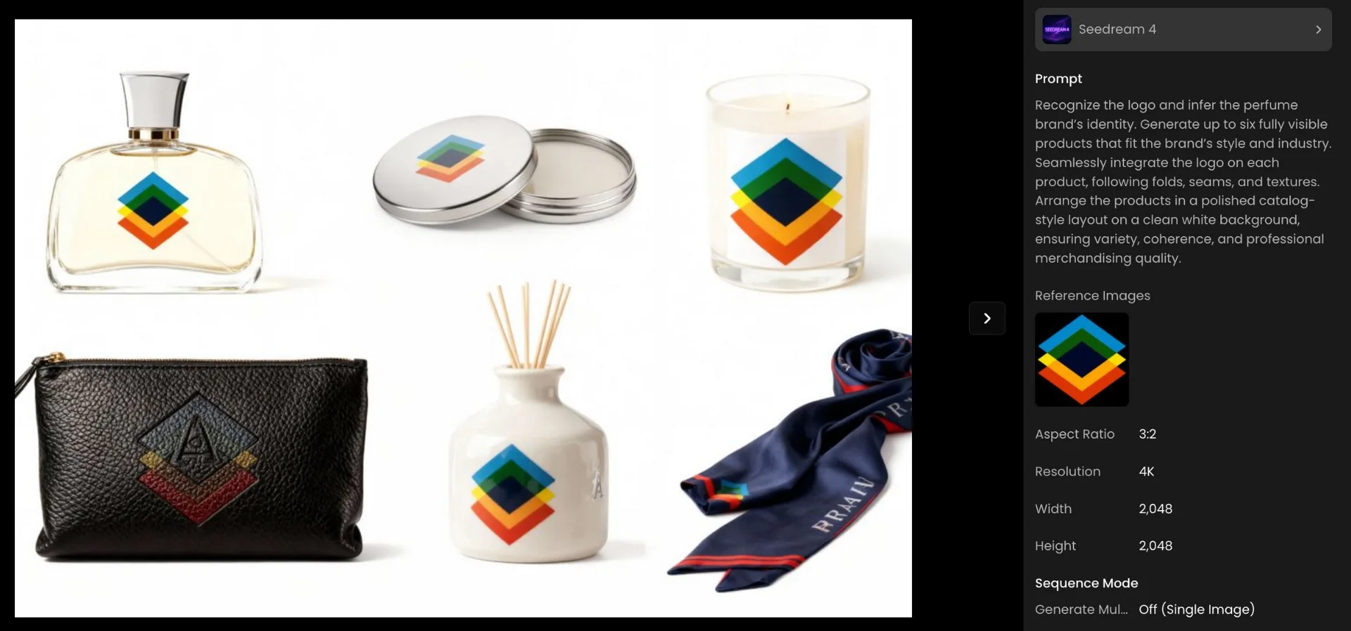 Scenario Luxury gift collection merchandising editing in Scenario. including a bottle, candle, tin, pouch, reed diffuser, and scarf, all featuring a colorful geometric stacked diamond logo on a white background for premium branding and merchandising SEO.