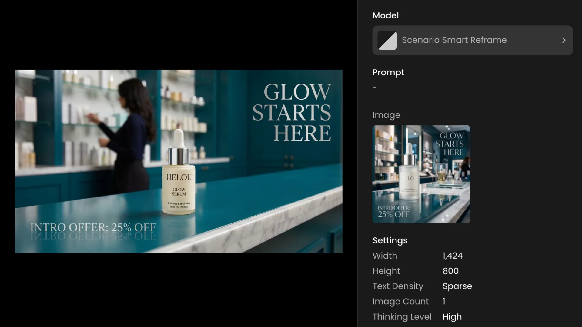 Luxury skincare serum bottle on modern teal retail counter with mirror reflection and 25% off promotional text