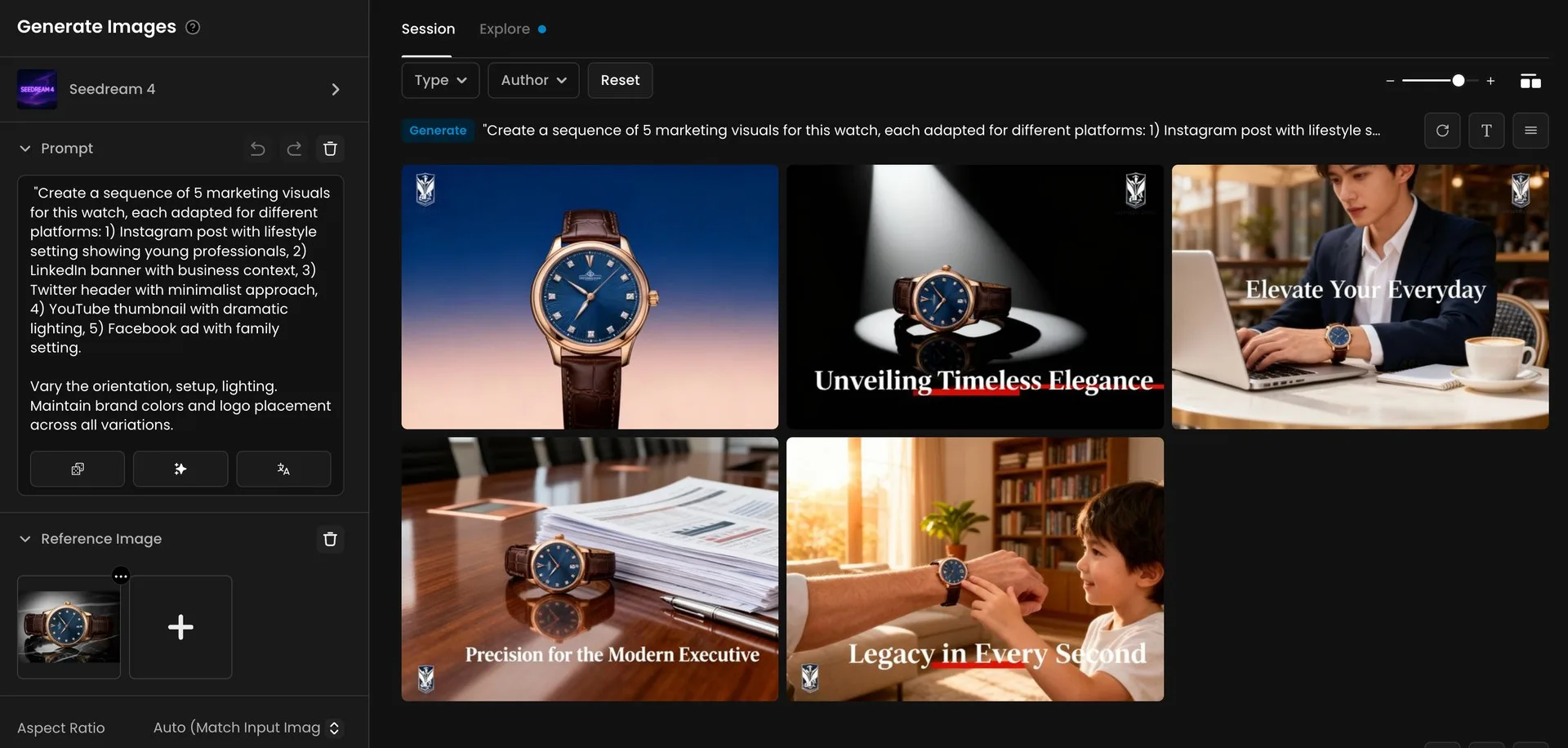 Screenshot showing five marketing visuals for a luxury watch, including business, lifestyle, and family settings, with varying lighting and branding elements.