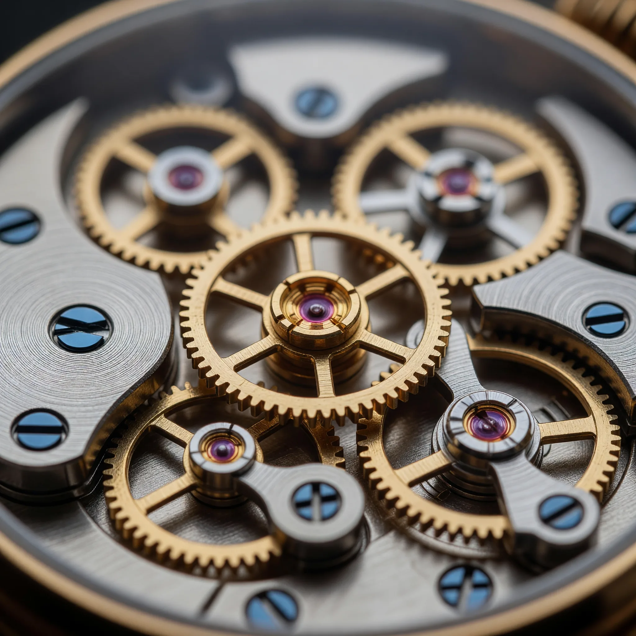 a close up of a watch with gears and a gold case