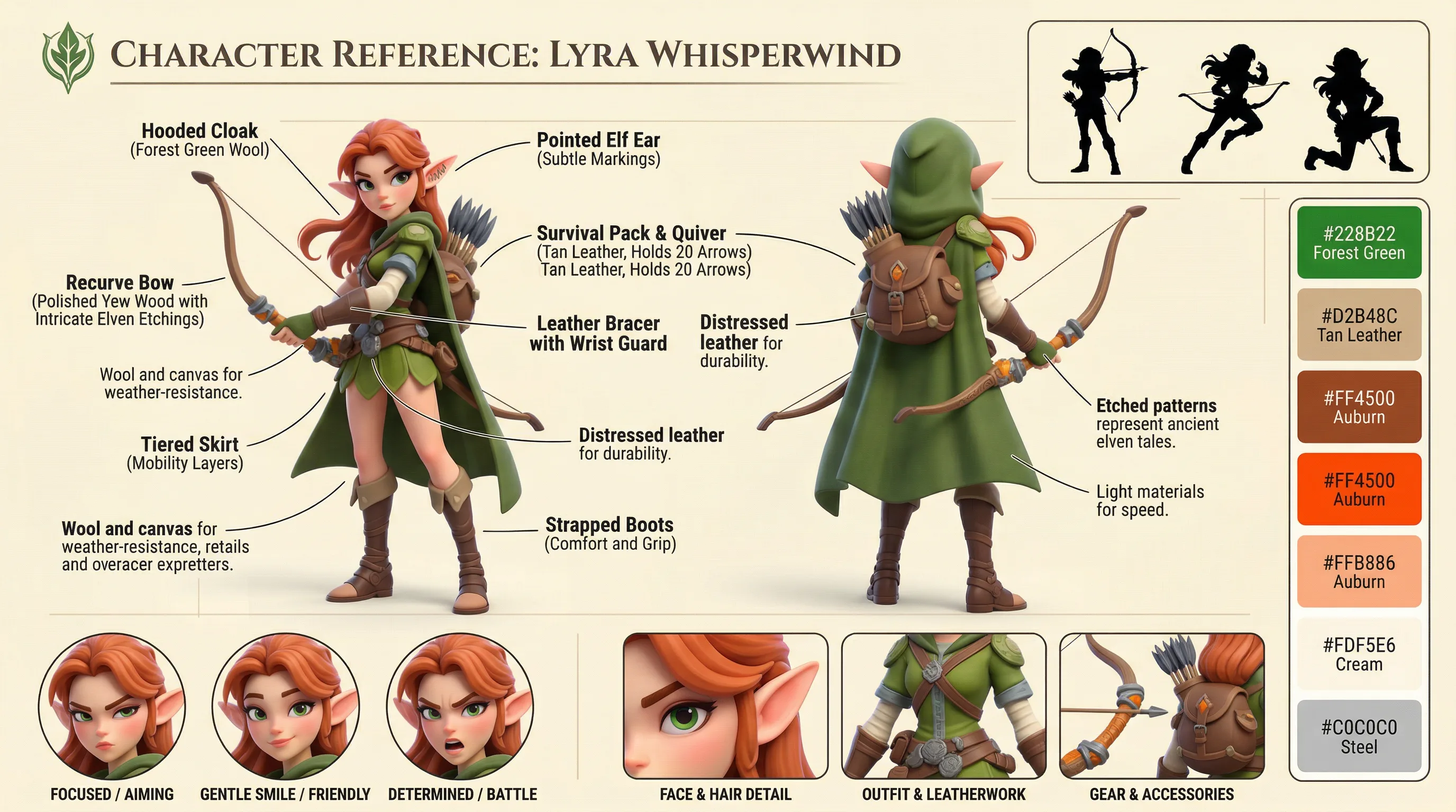 Lyra Whisperwind elf archer character reference sheet showing front and back views with detailed equipment, facial expressions, and color palette including forest green cloak and tan leather gear