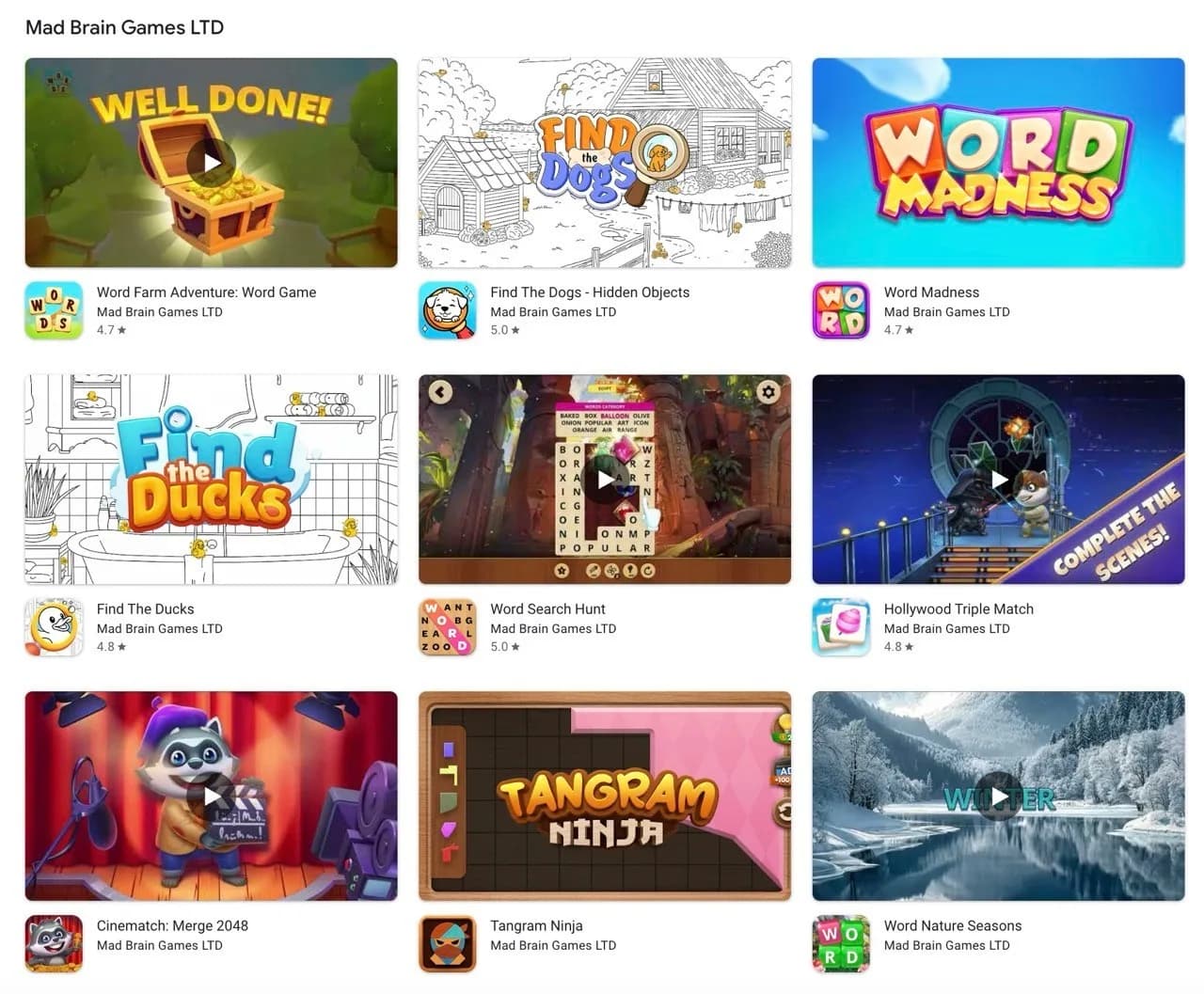 Mad Brain Games portfolio on Google Play showing 11 published games