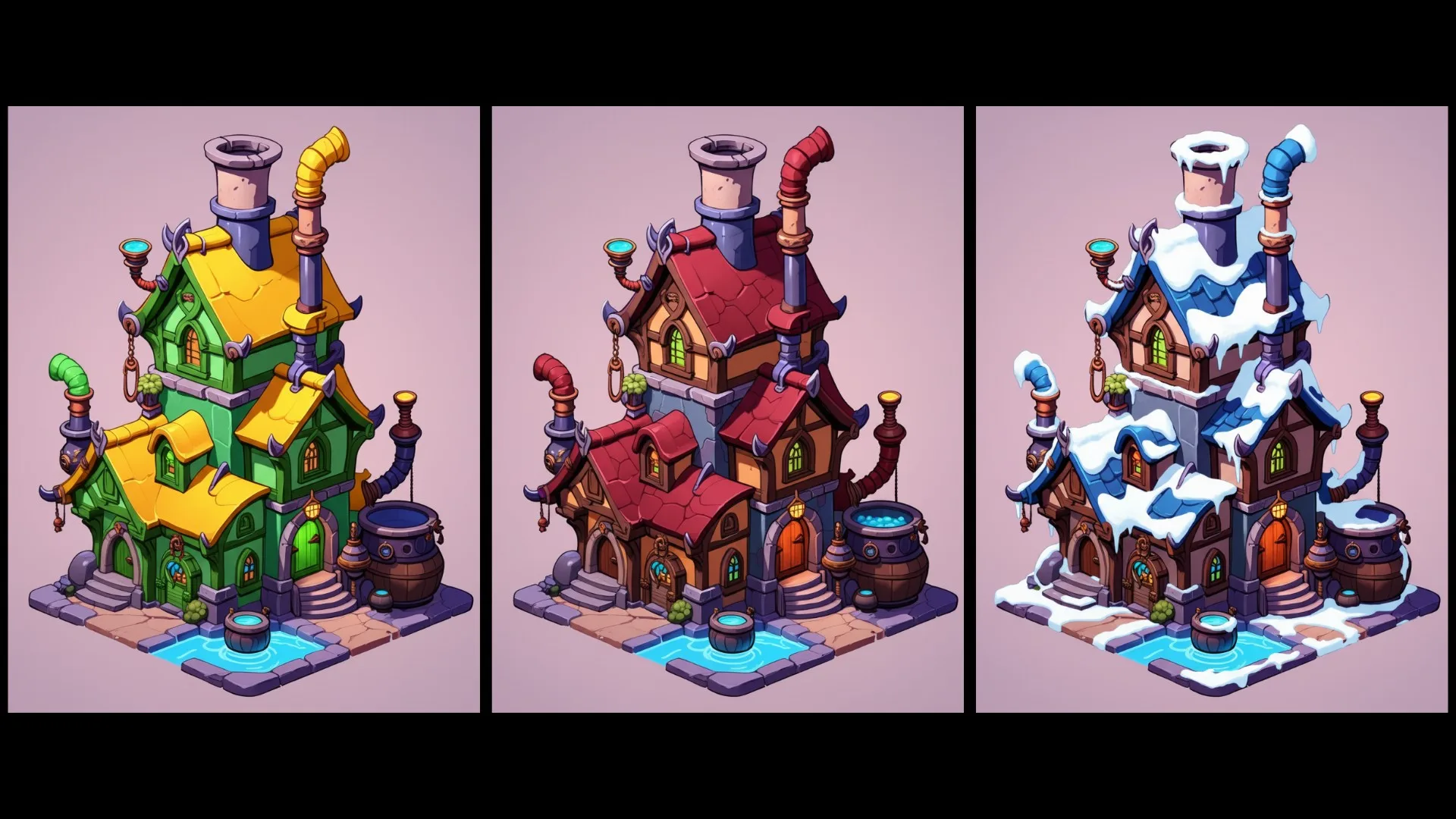 Fantasy house illustration showing spring, autumn, and winter seasonal changes, with different roof colors and snow coverage for SEO.