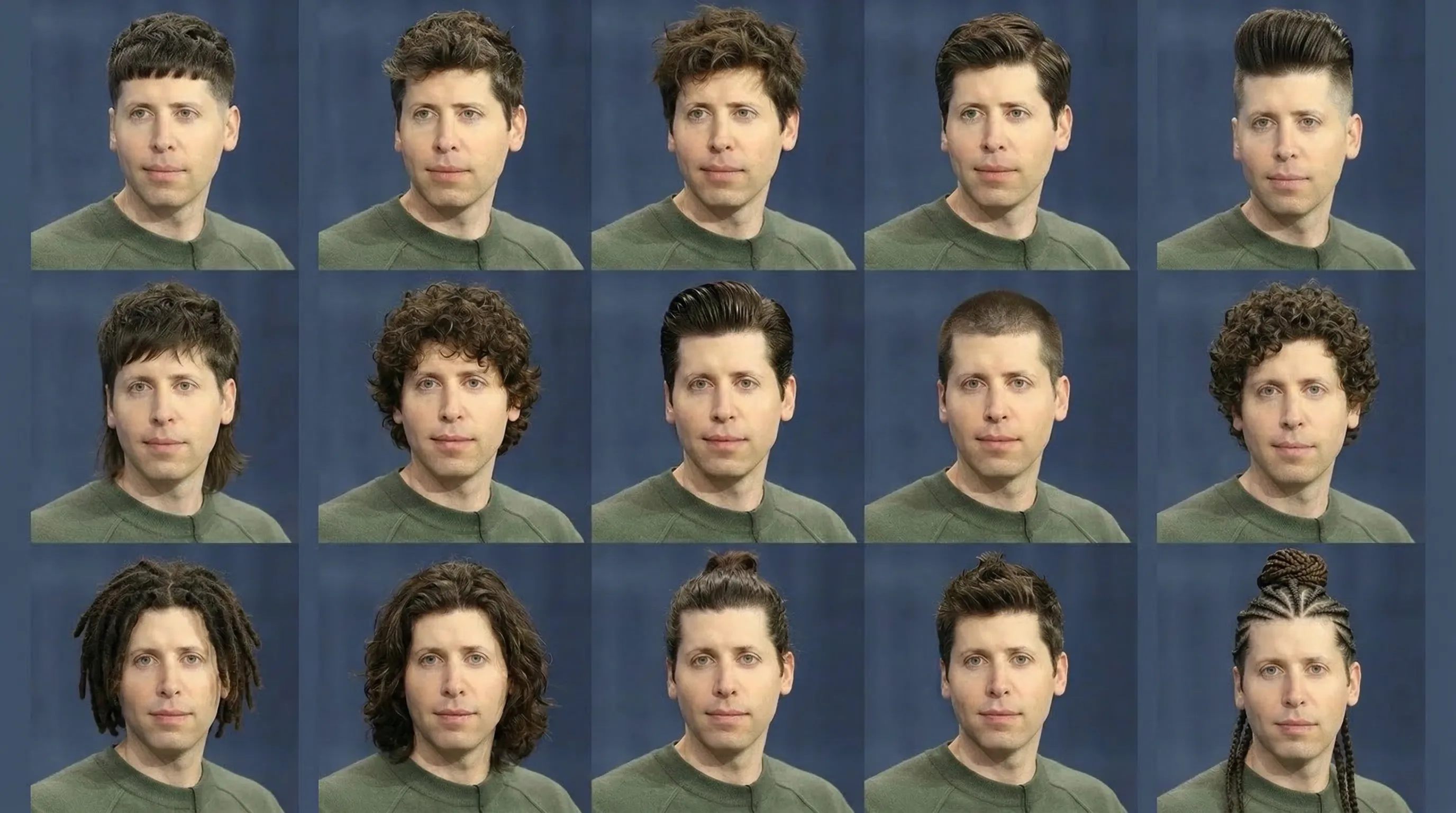 Grid of 15 male portrait headshots showing different hairstyle variations and lengths against blue background