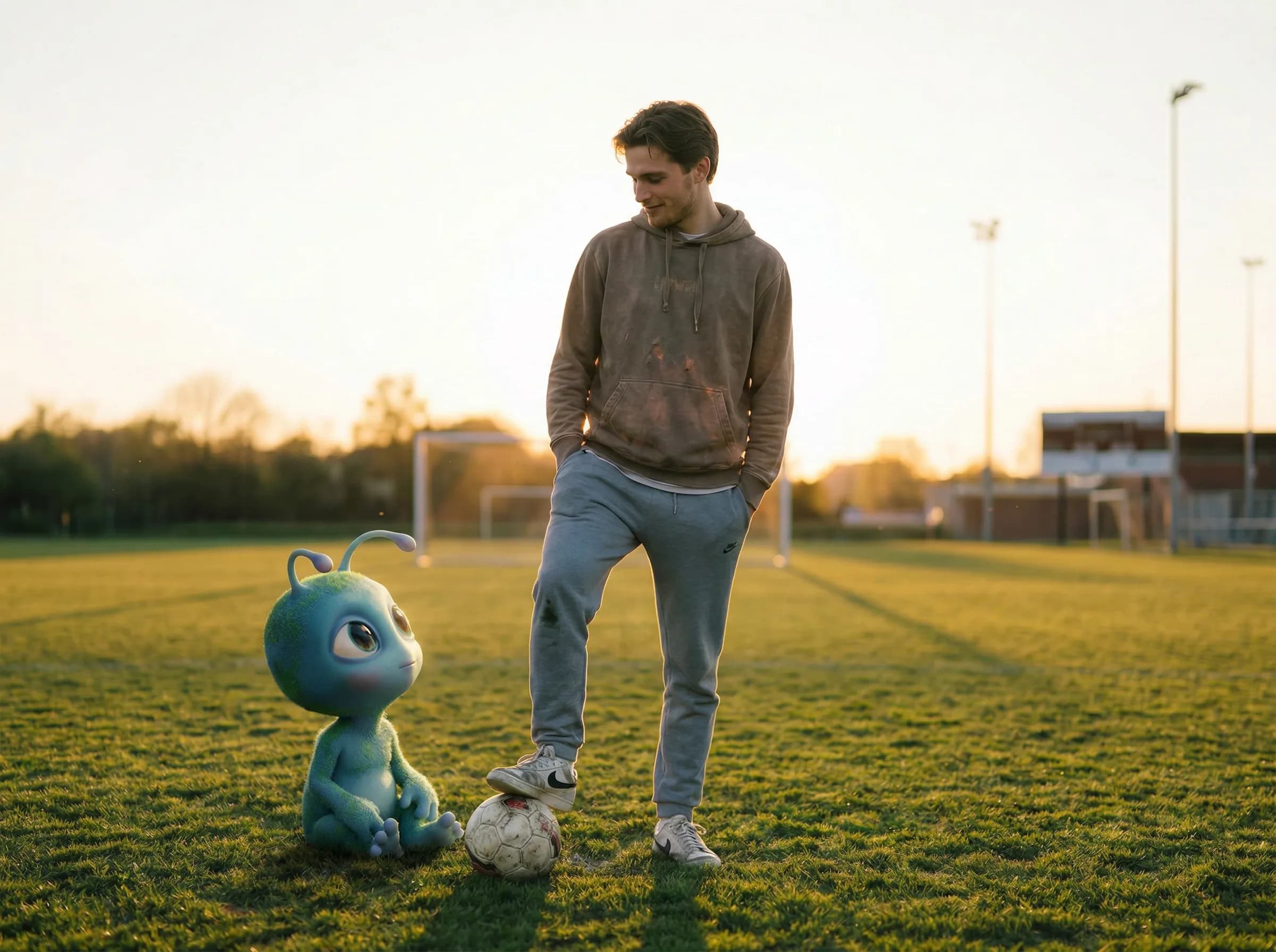Young boy with blue alien creature playing soccer on grass field at golden hour sunset, sports fantasy concept art