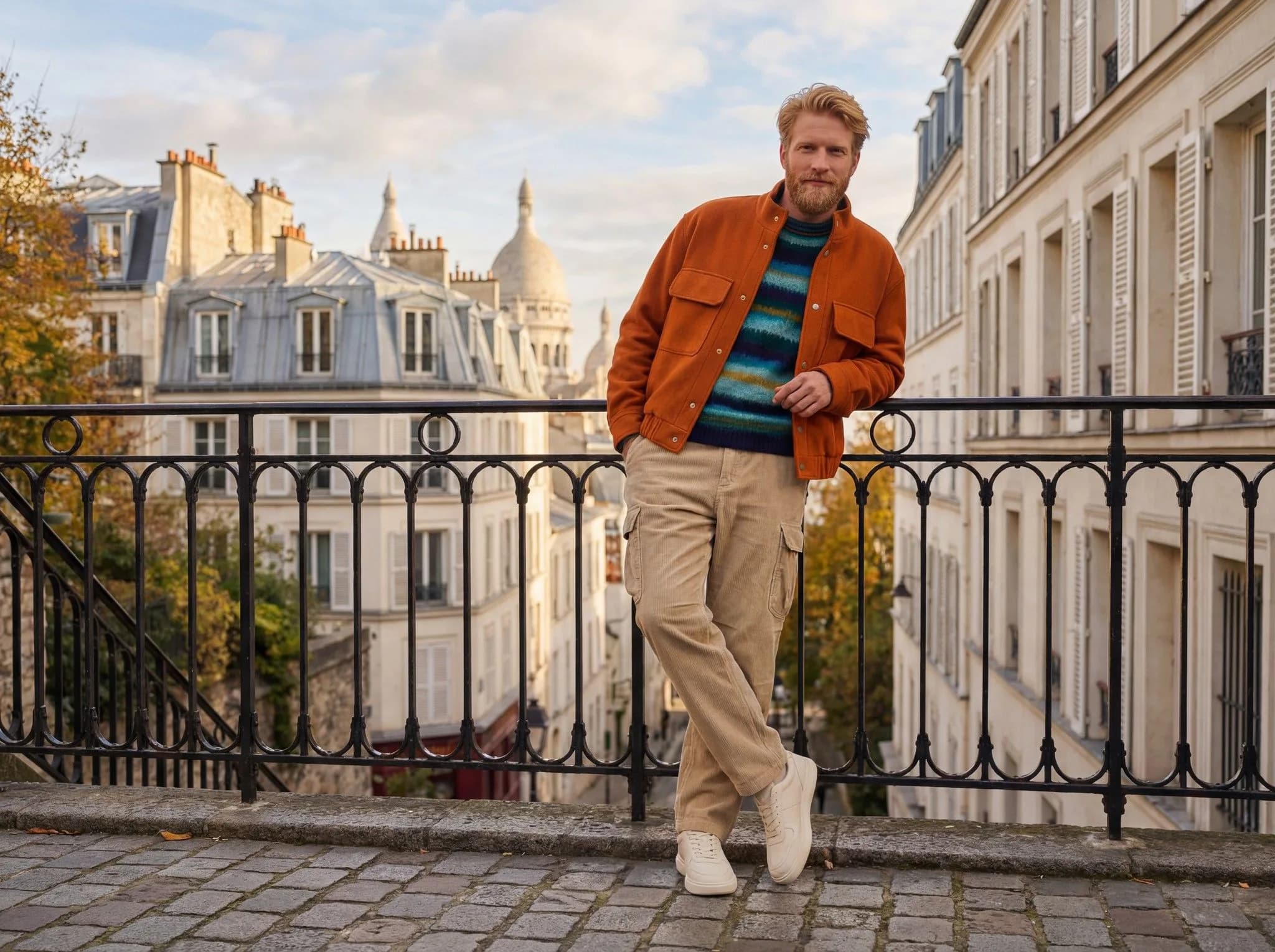 Stylish man in orange jacket on Parisian balcony overlooking Sacré-Cœur Basilica, Paris street fashion photography