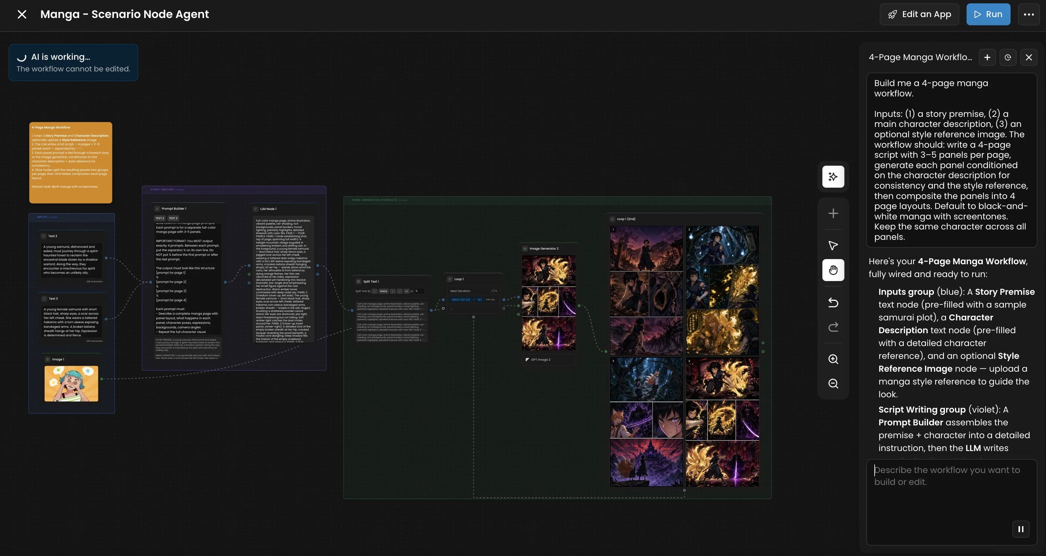 Manga scenario node agent interface showing 4-page workflow with character descriptions, style references, and AI-generated manga panels in gold and purple tones