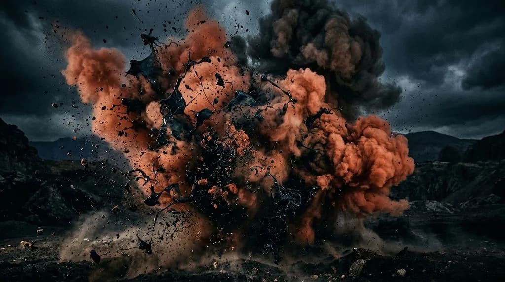 Massive explosion with orange and black smoke clouds, fiery debris flying, dramatic stormy sky and rocky terrain in cinematic action scene