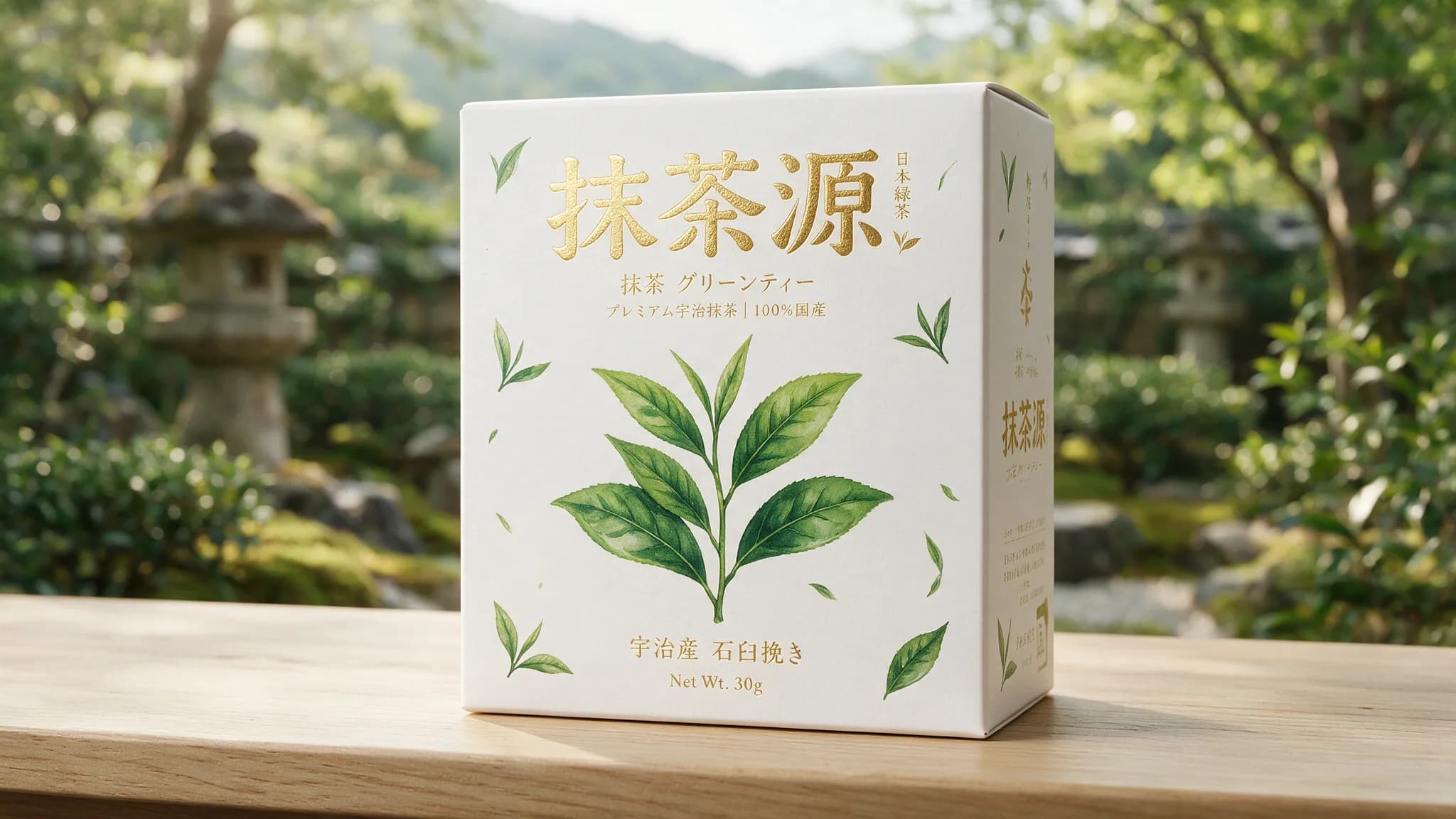 Premium Japanese matcha tea box with green leaf design in serene traditional garden setting with stone lantern