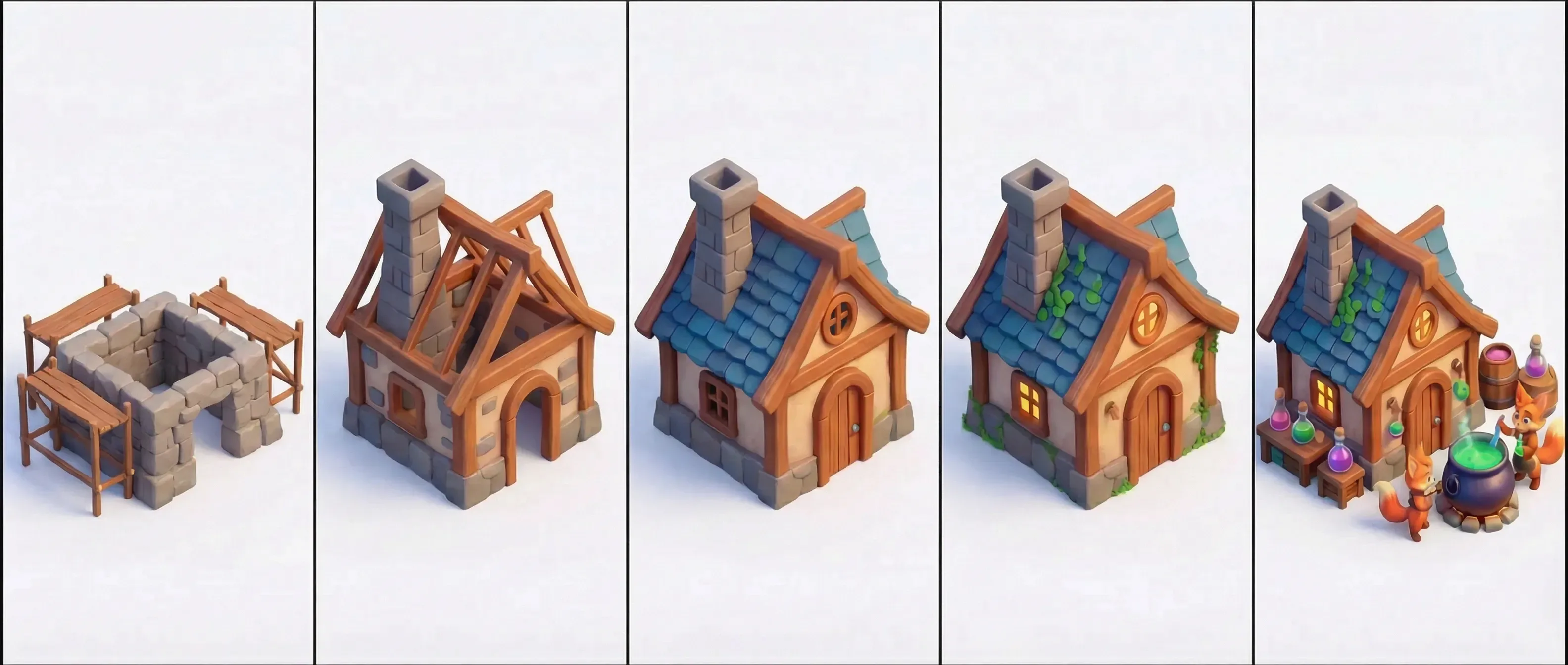 a close up of a group of small buildings with a man standing outside