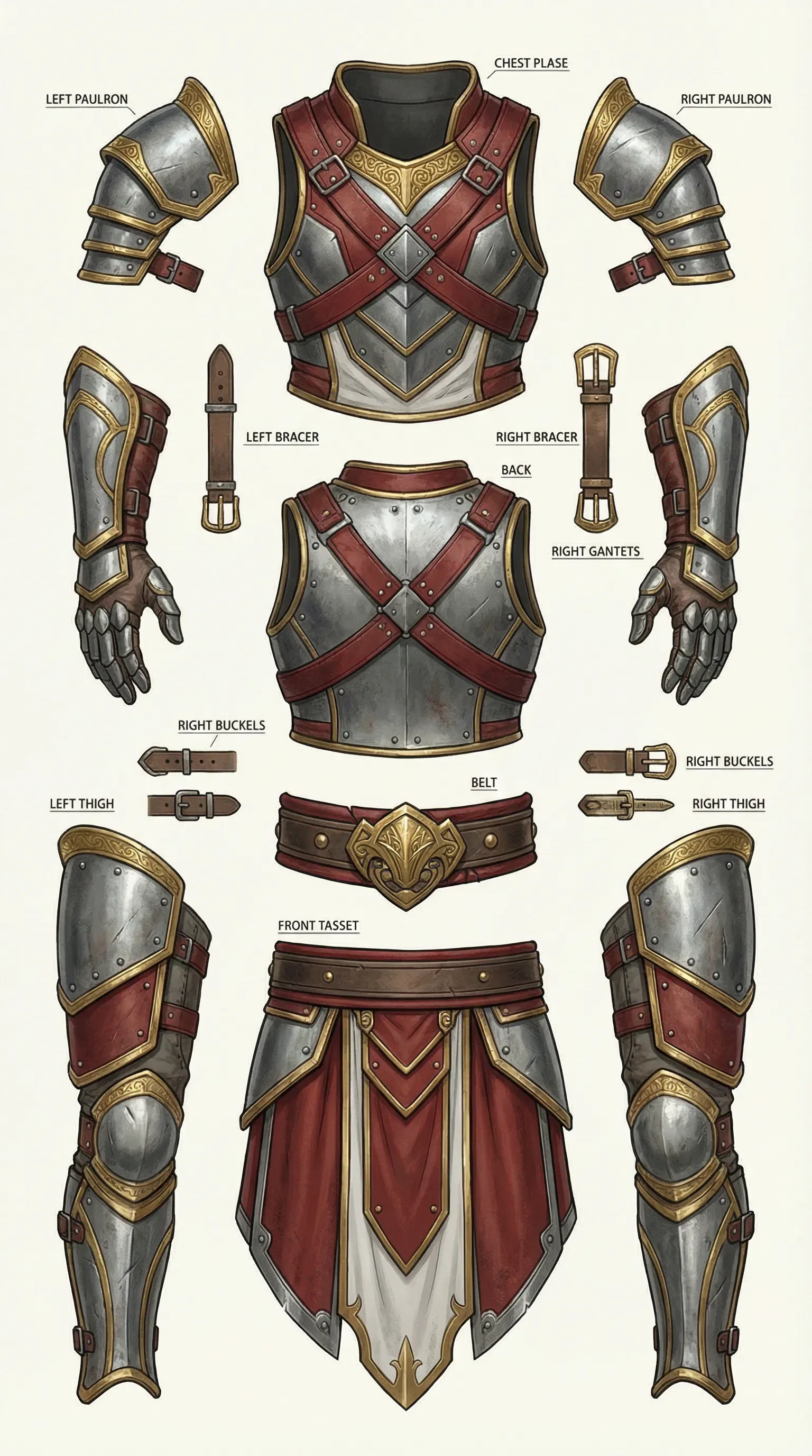 a close up of a drawing of armor and weapons
