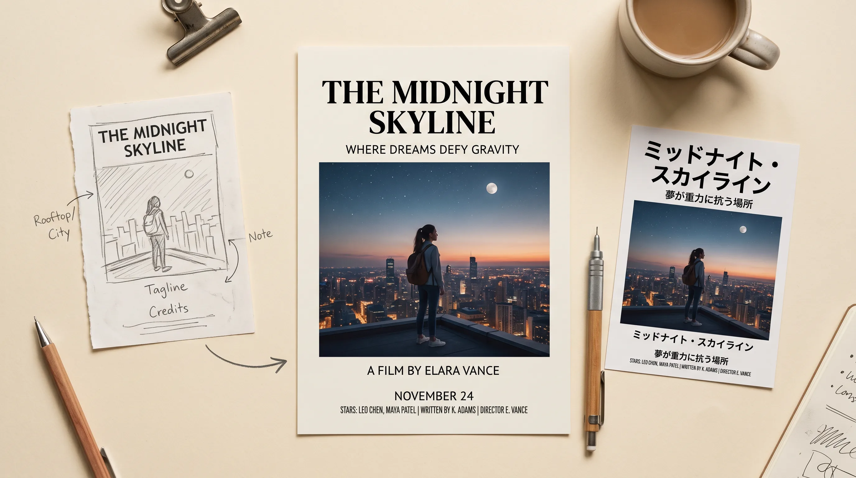 Film poster mockup for 'The Midnight Skyline' featuring a silhouetted figure standing on a rooftop overlooking a city skyline at dusk, displayed with sketches and coffee on a beige desk