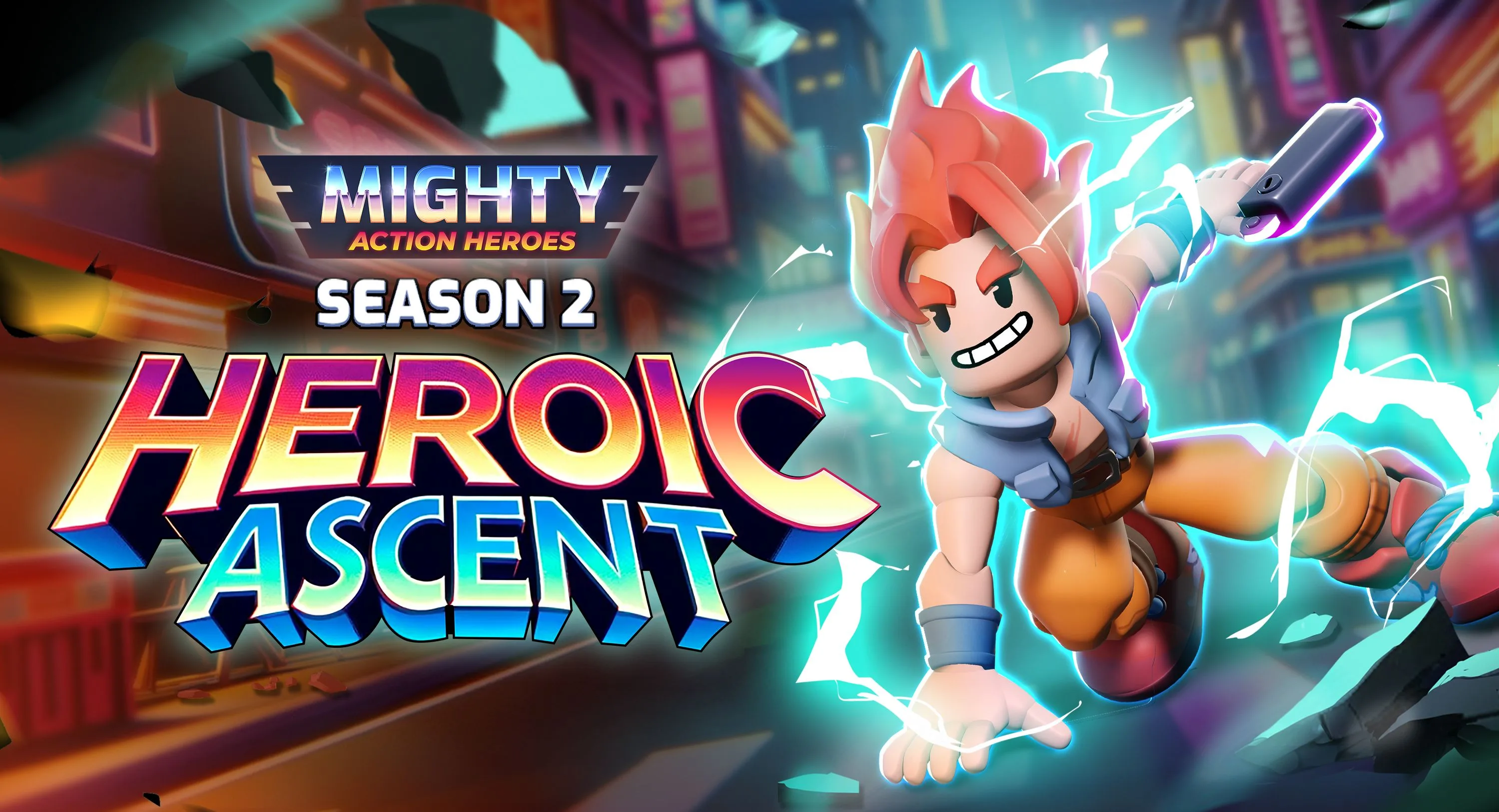 Mighty Action Heroes Season 2 Heroic Ascent game poster featuring red-haired male character with electric powers, neon cityscape background, colorful gaming UI design