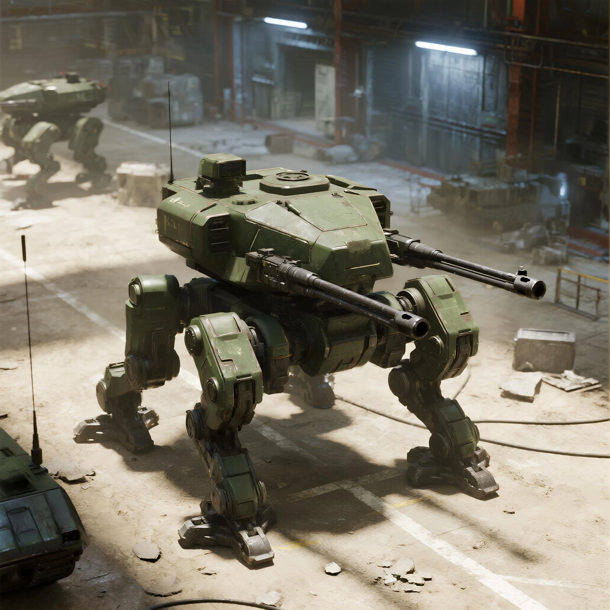 Green military mech robot with dual cannons in abandoned urban desert base, industrial sci-fi combat vehicle