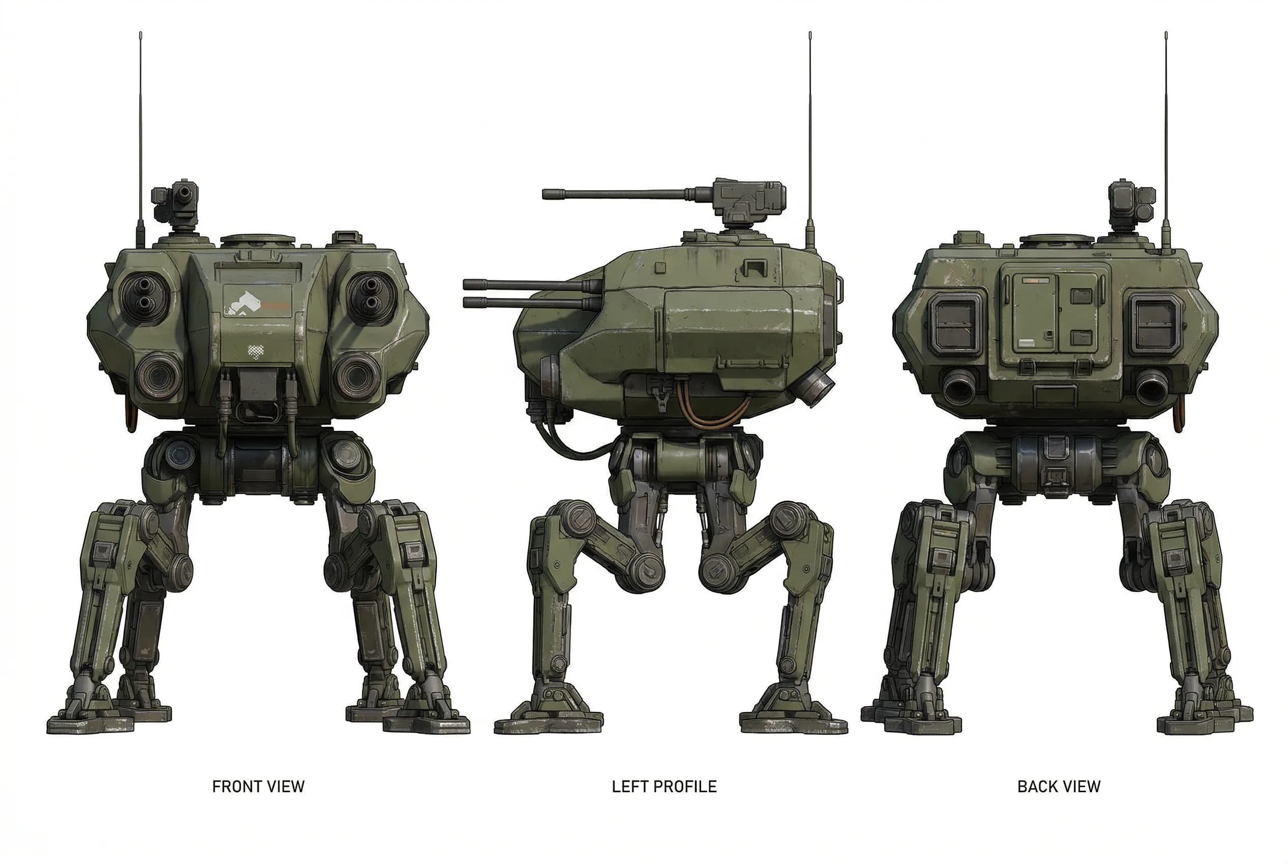 Military mech robot in olive green shown in front, left profile, and back view with weapons and tactical armor