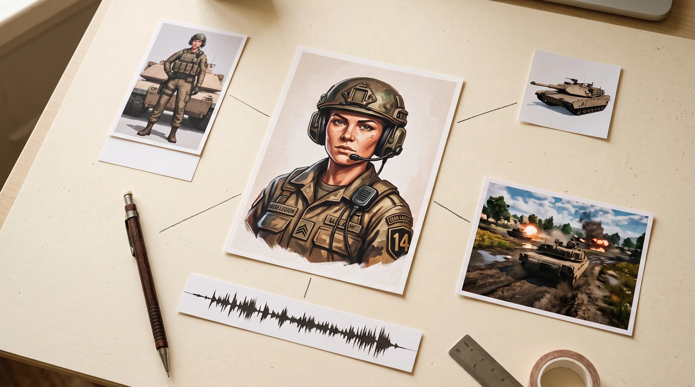 Collection of military artwork featuring soldier portraits, combat tank illustrations, and battlefield scenes arranged on a beige desktop with tactical equipment sketches