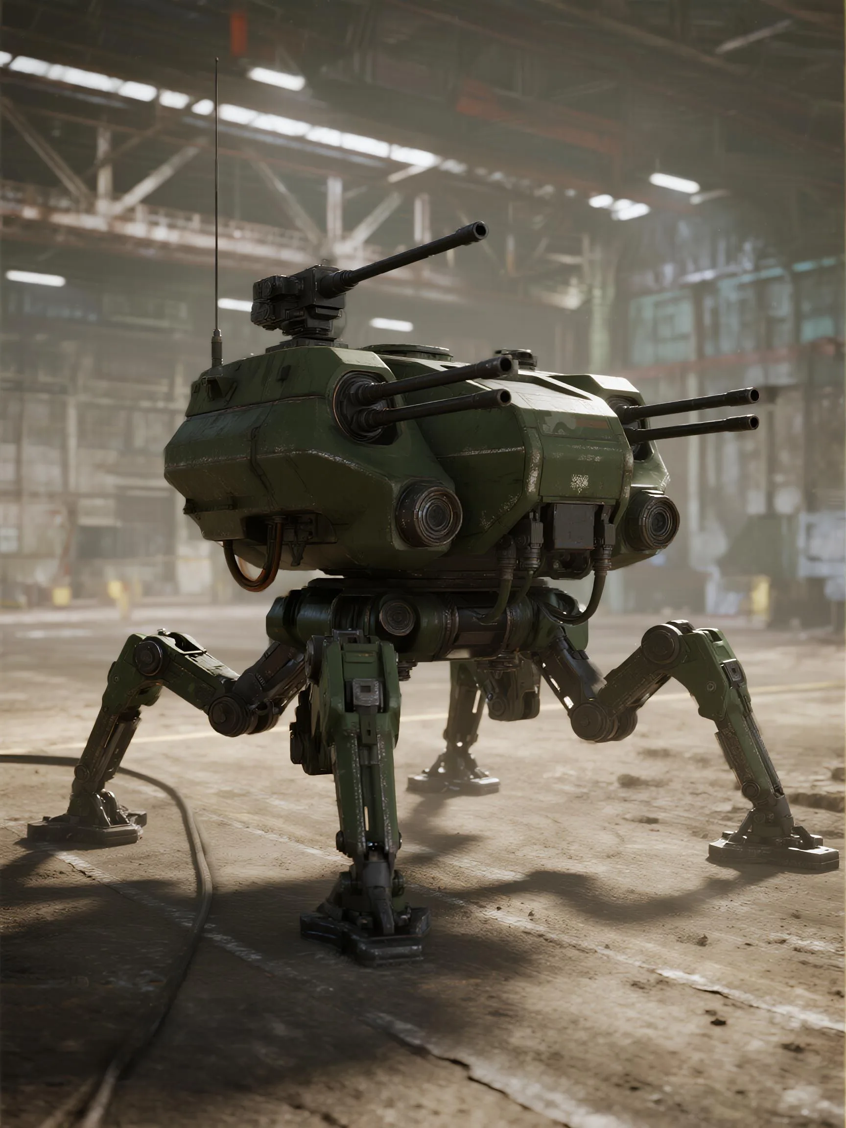 Advanced military robot with tank turret and four legs in industrial warehouse setting, armed with dual cannons and antenna