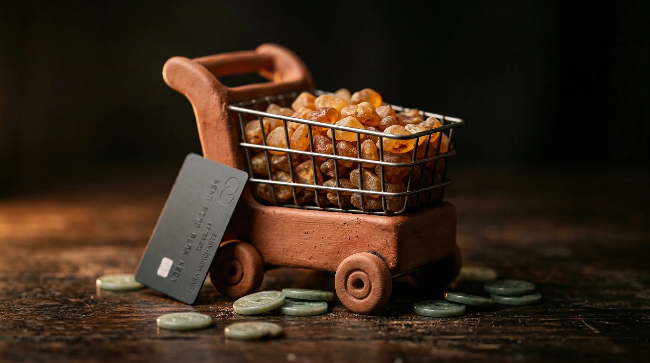 Miniature clay shopping cart filled with golden coins and a credit card on dark surface with scattered coins, representing online shopping and digital commerce
