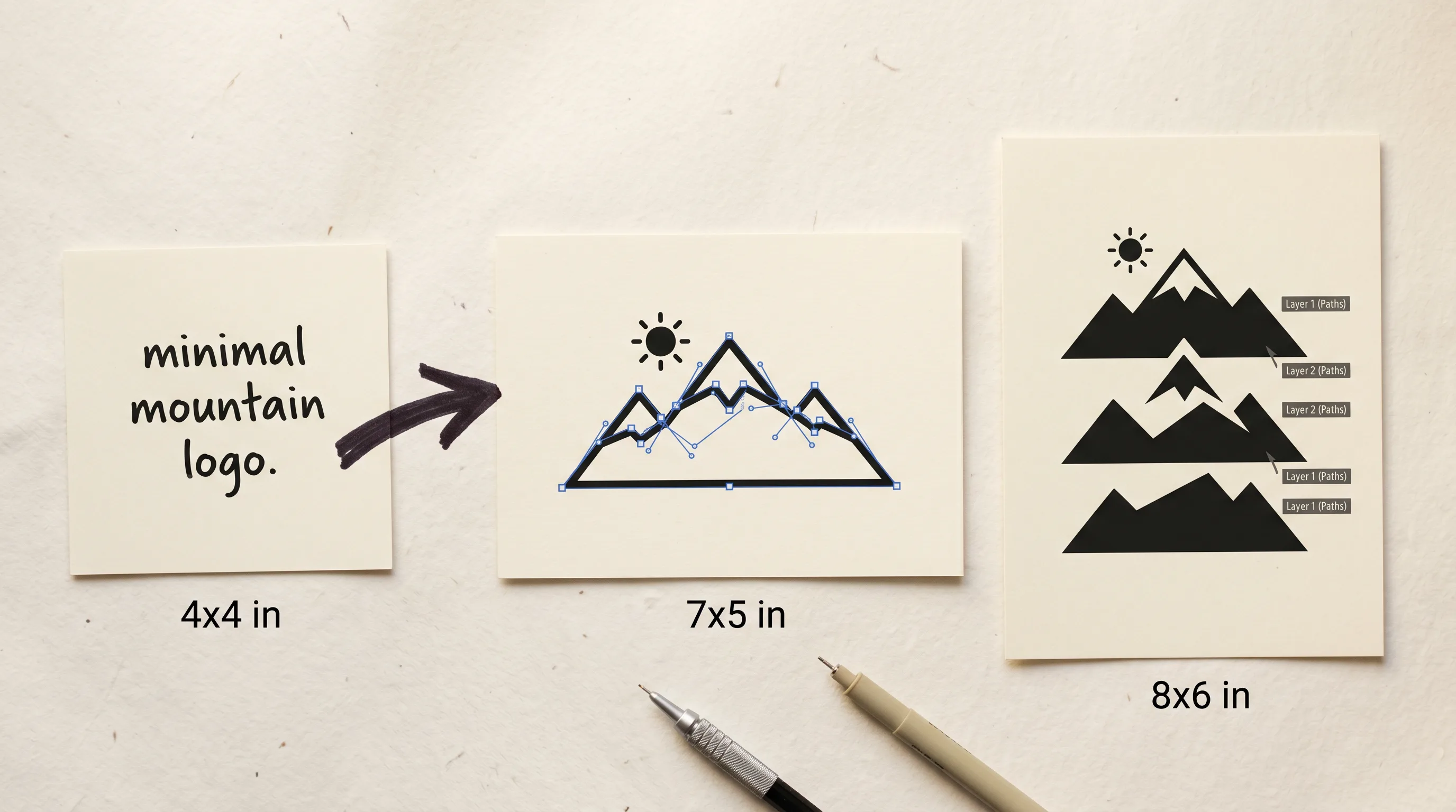 Minimal mountain logo sketches on white paper showing simple triangular designs with sun and layer variations in different sizes