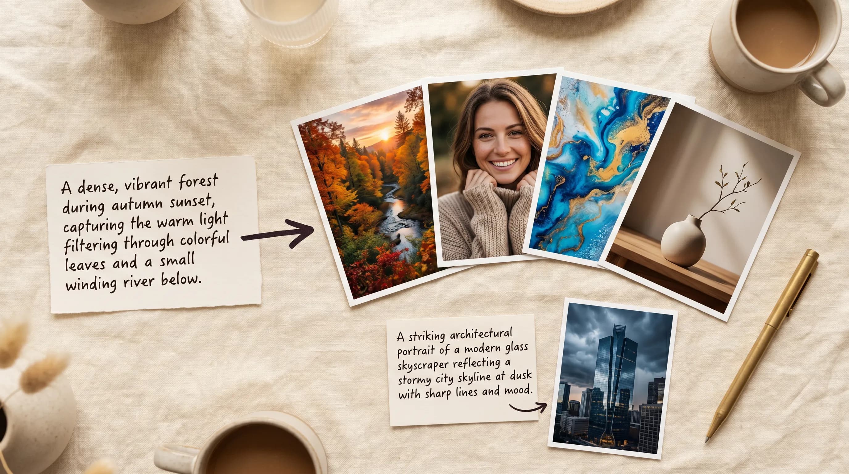 Mood board with printed photos including autumn forest landscape, portrait, abstract blue art, minimalist decor, and urban skyline on beige surface with coffee cups