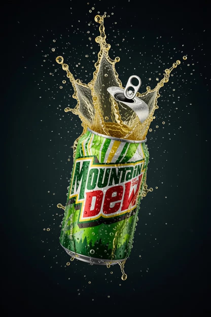 araffe mountain dew can with a splash of water on it