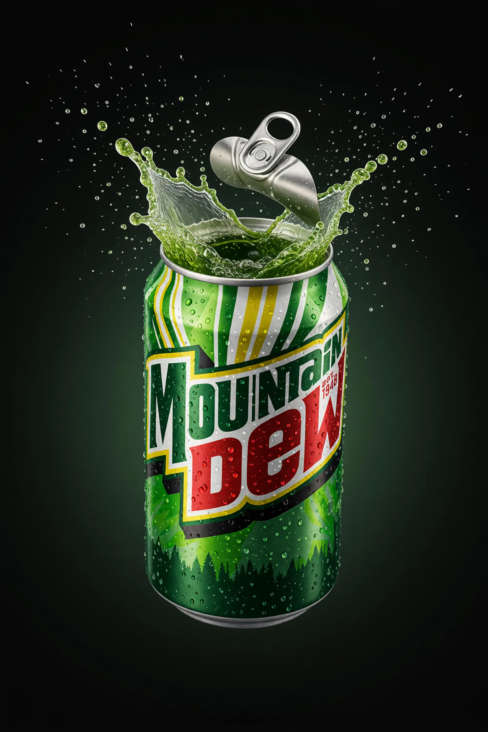 arafed can of mountain dew with a splash of water