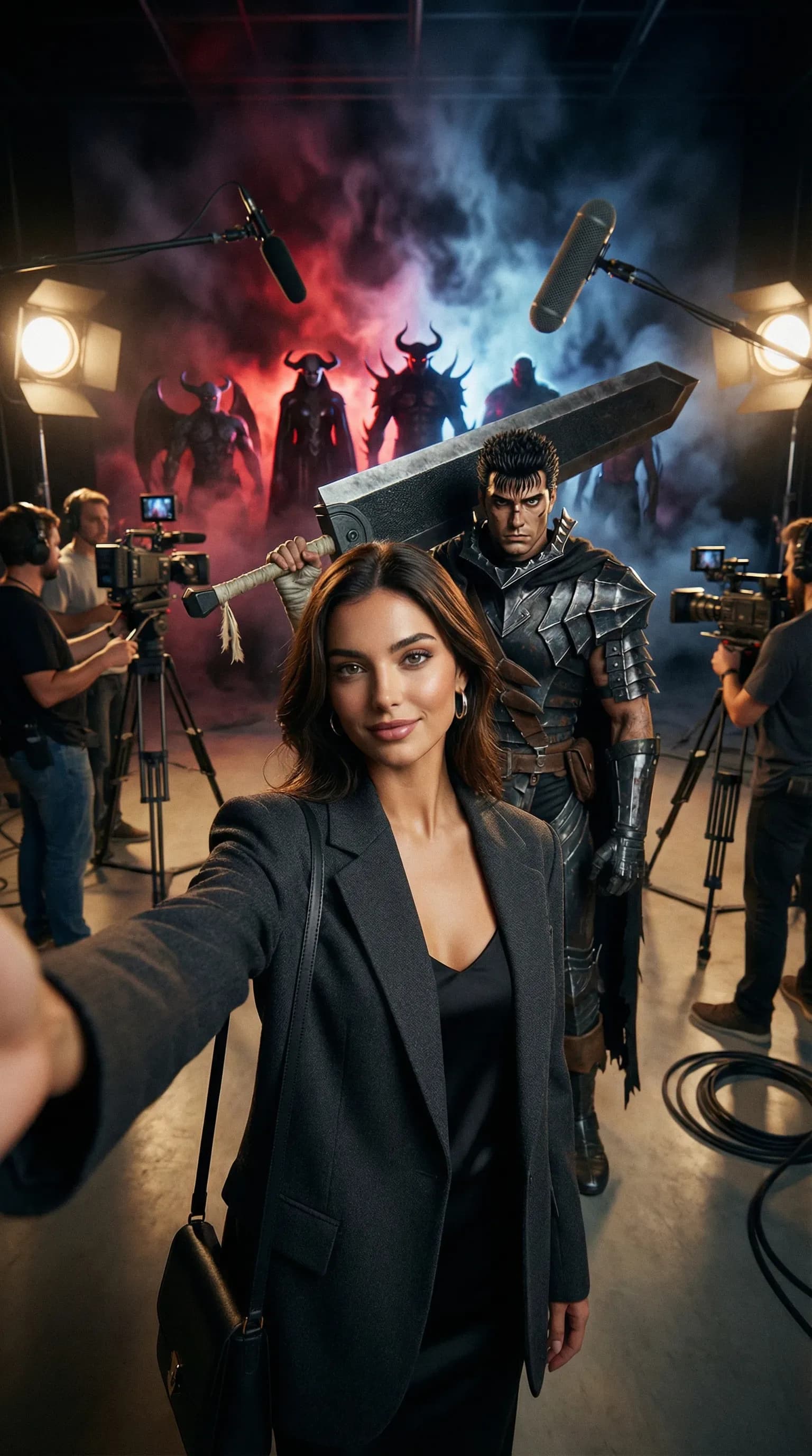 arafed woman in a black suit holding a sword in front of a camera