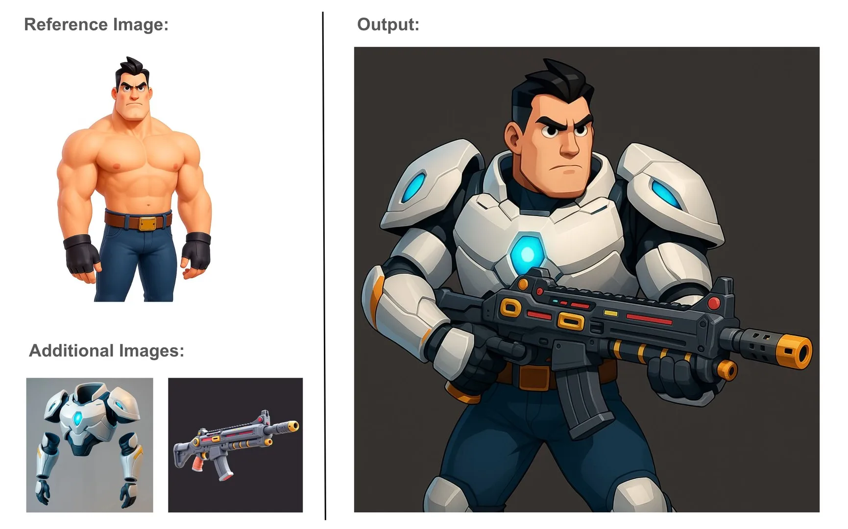 Cartoon superhero character in futuristic armor holding a sci-fi gun, inspired by reference and additional suit and weapon images.
