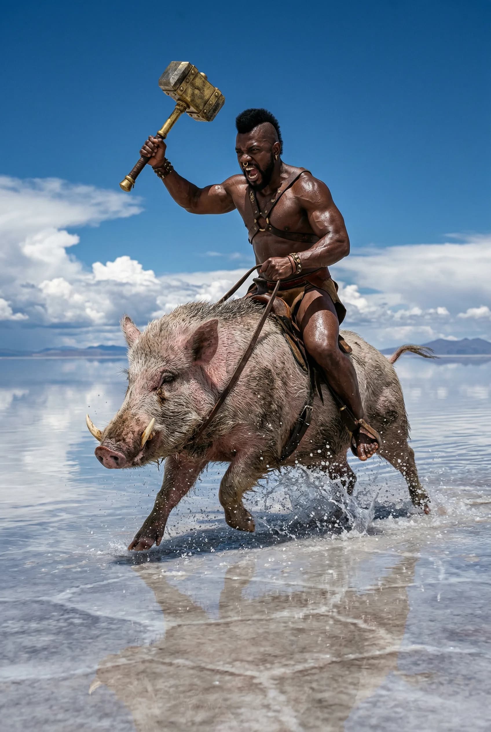Muscular warrior riding wild boar in ocean surf, wielding golden hammer, tropical beach scene with blue sky