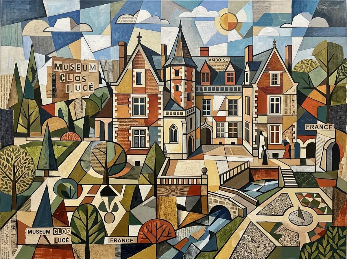 Cubist illustration of Museum Clos Lucé in Amboise, France with geometric architecture, Renaissance manor houses, and stylized gardens in earthy tones