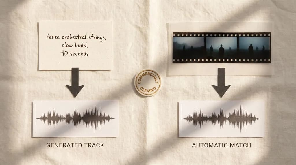 AI music generation workflow showing orchestral string composition instructions, film strip, and automatic audio waveform matching technology on beige background