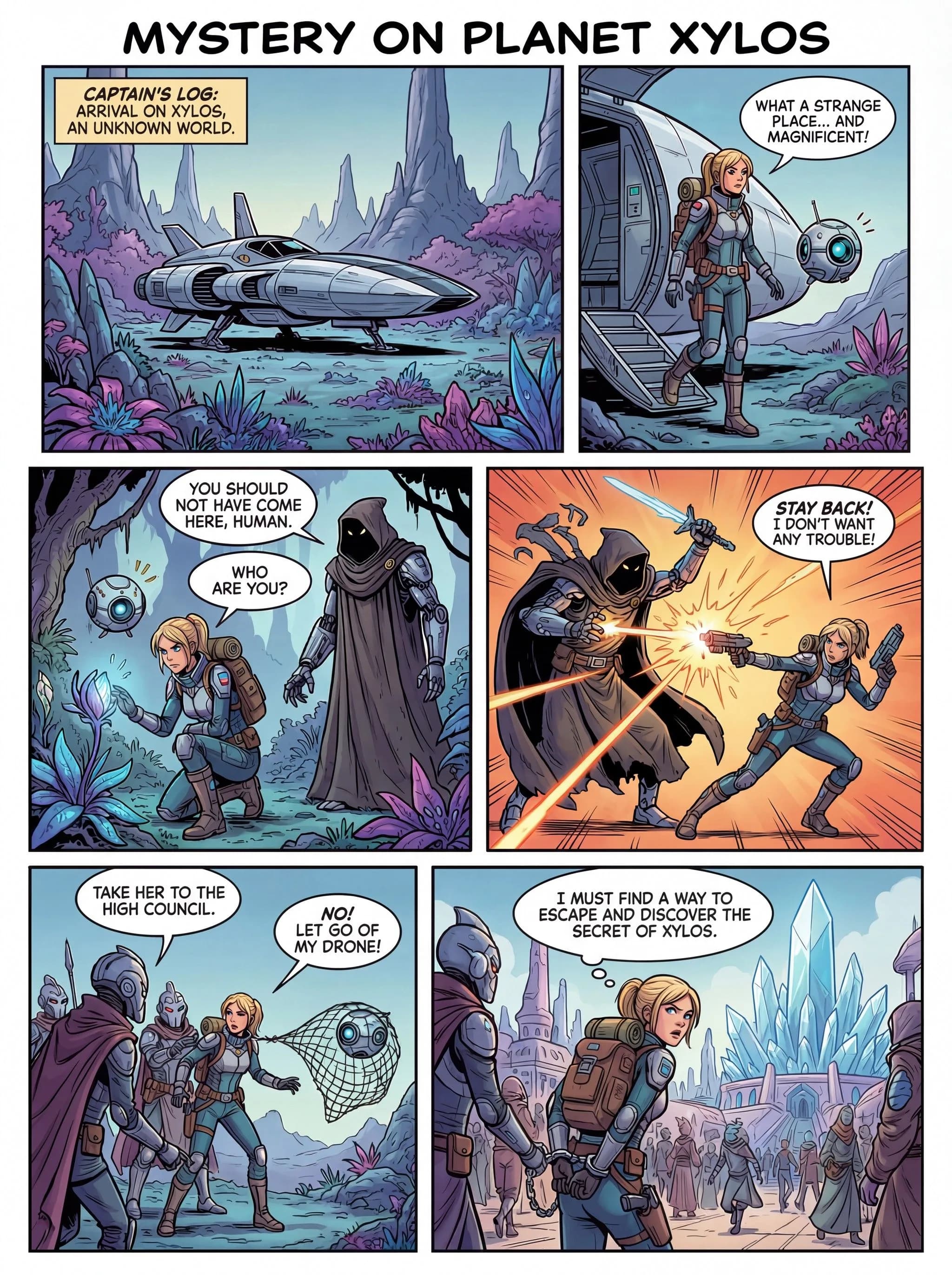 Sci-fi comic book panel series showing female spaceship captain exploring alien planet Xylos with purple crystals, encountering mysterious dark-robed aliens and engaging in action sequences