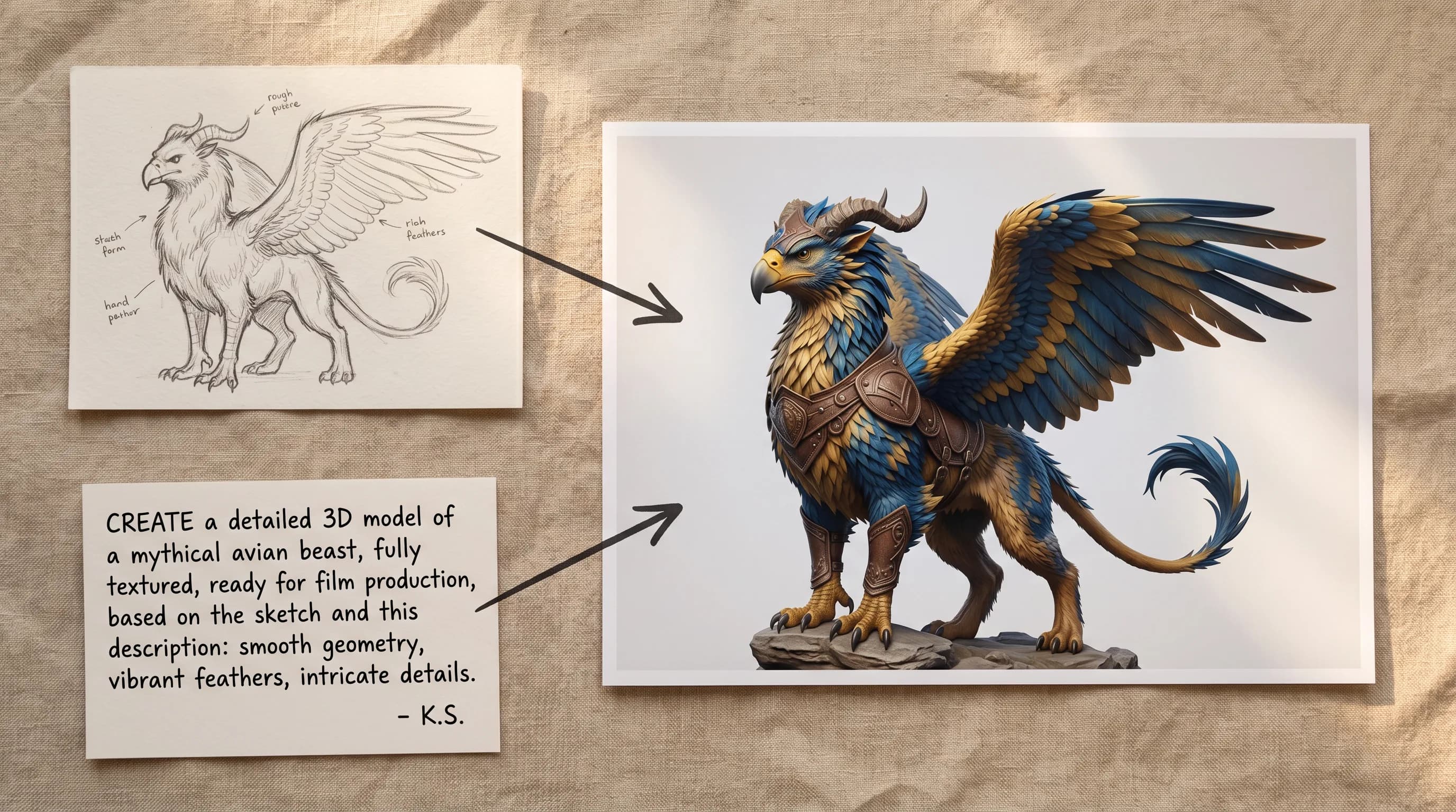 Detailed 3D model of a mythical griffon creature with blue and gold feathered wings, horned head, and scaled body armor standing on rocky base
