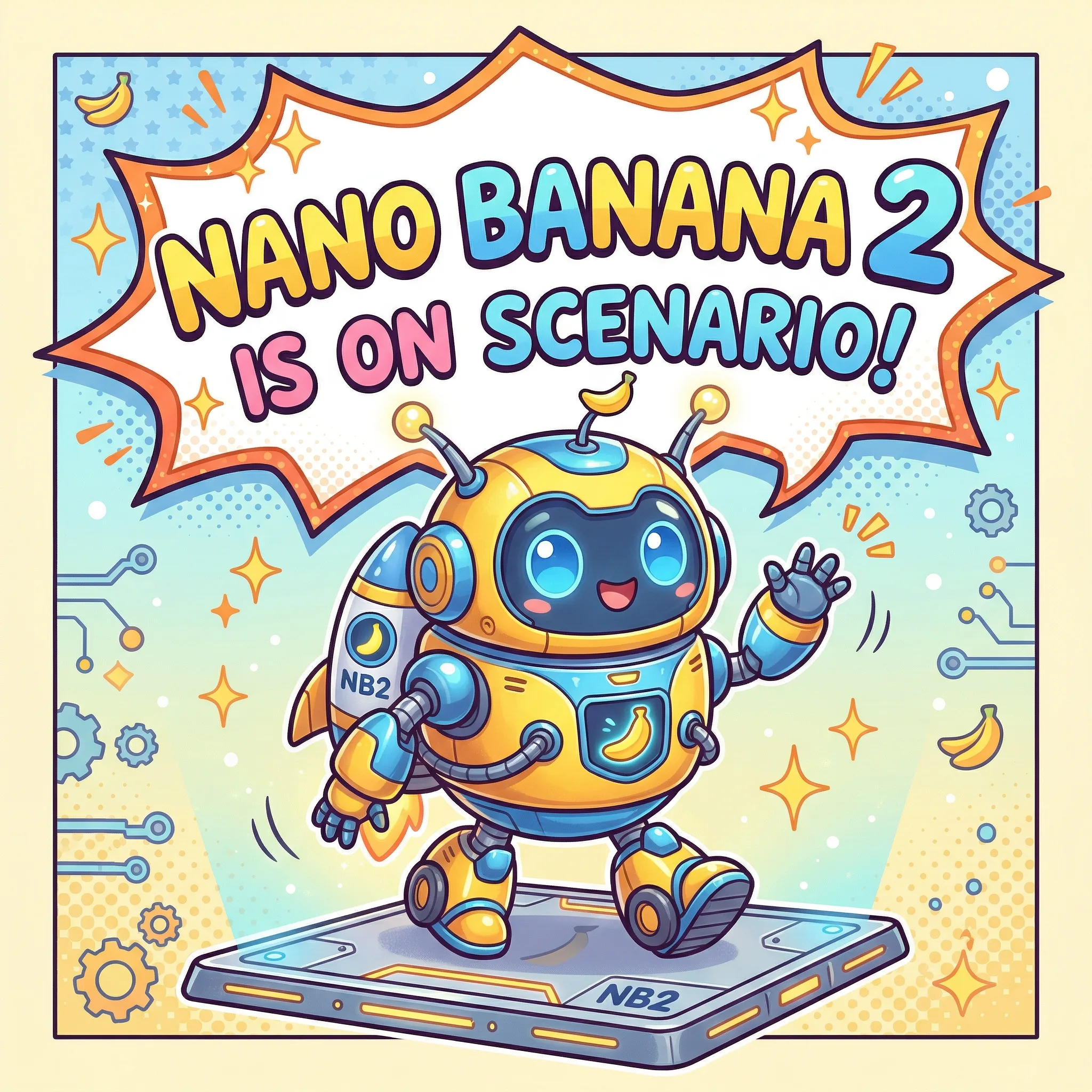 Cute yellow and blue robot character named Nano Banana 2 standing on a device with bananas, gears, and stars in colorful comic book art style
