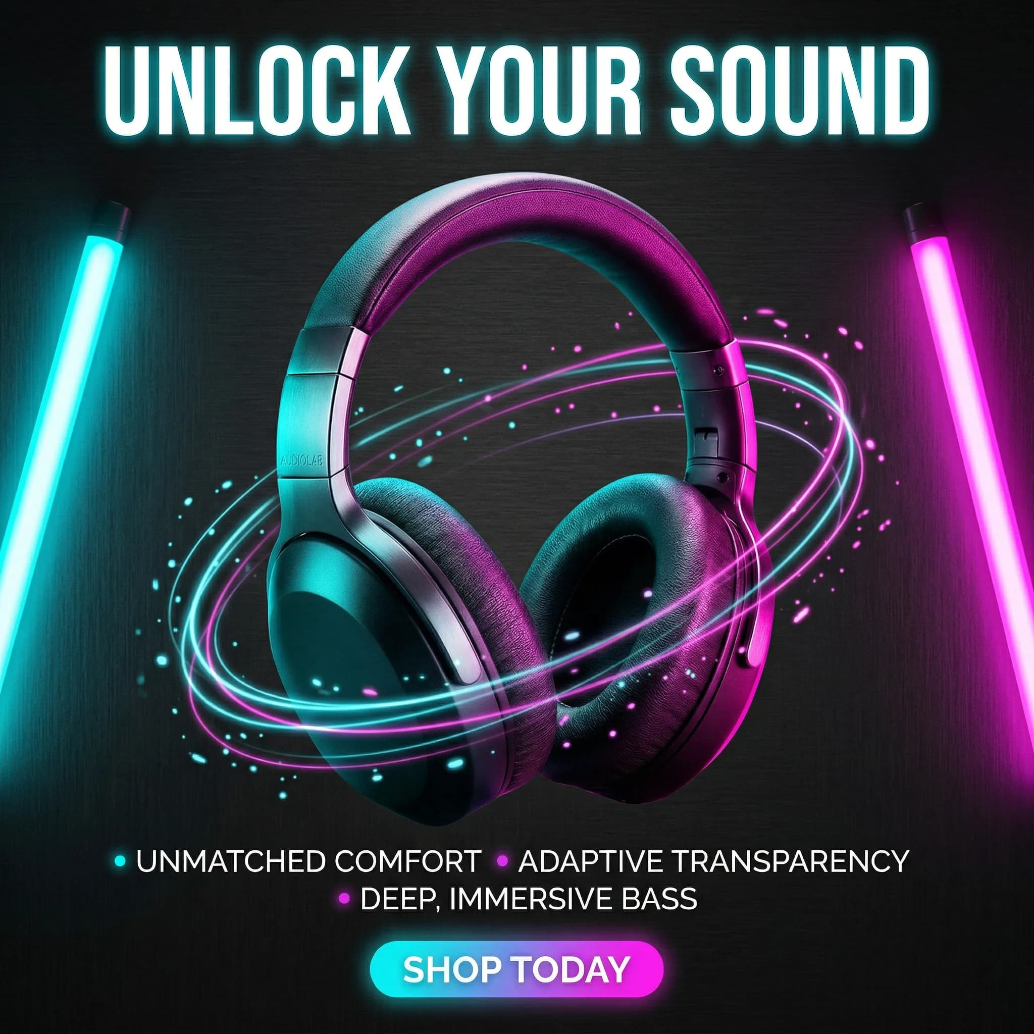Neon glowing gaming headphones with cyan and magenta LED effects, surrounded by light trails and particles on dark background