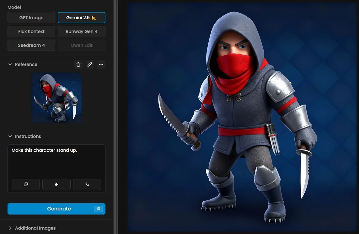 3D cartoon ninja character in black armor with red mask holding knives, standing ready for action on blue background.