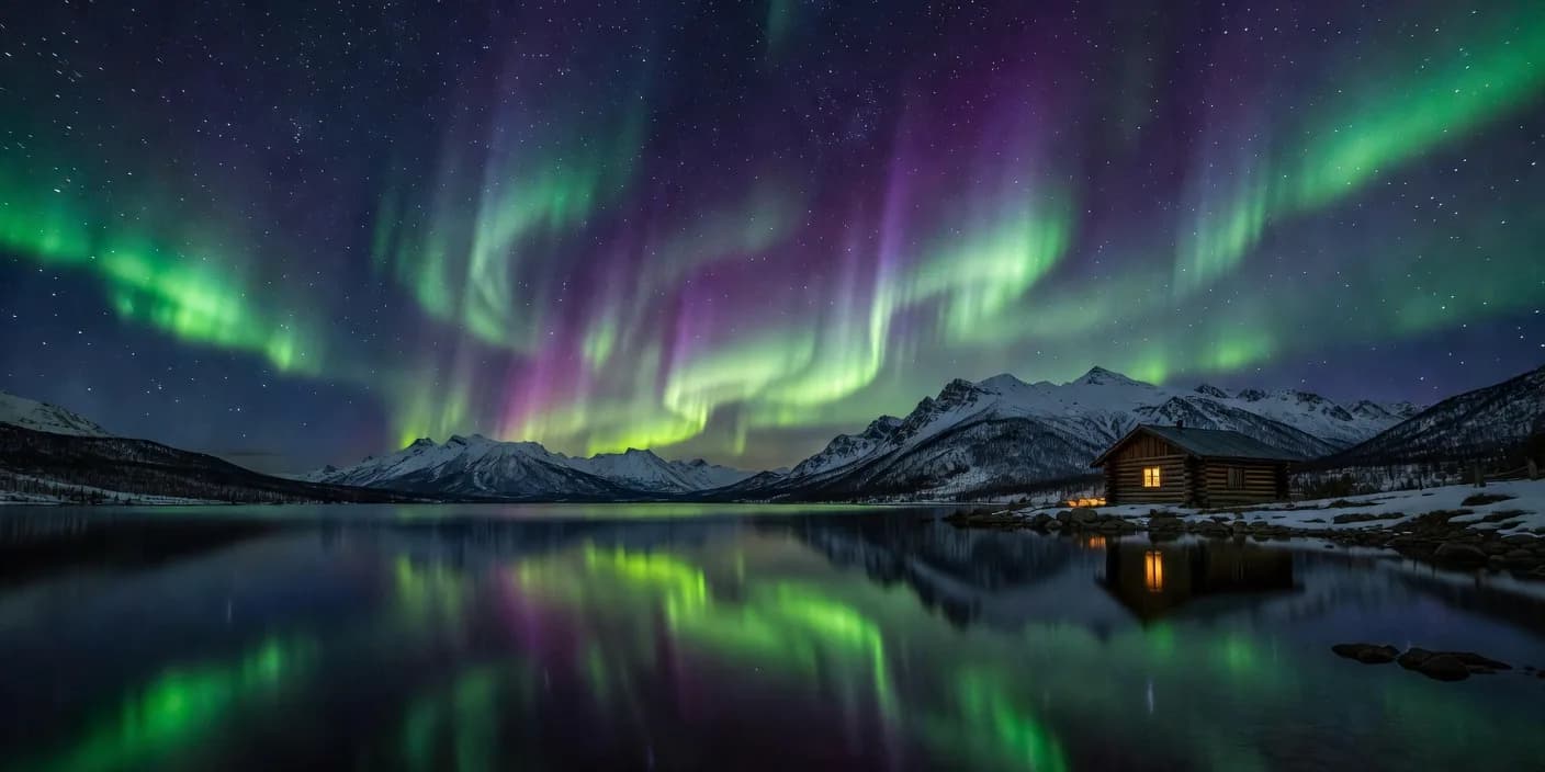 a brightly colored aurora lights over a mountain lake and a cabin