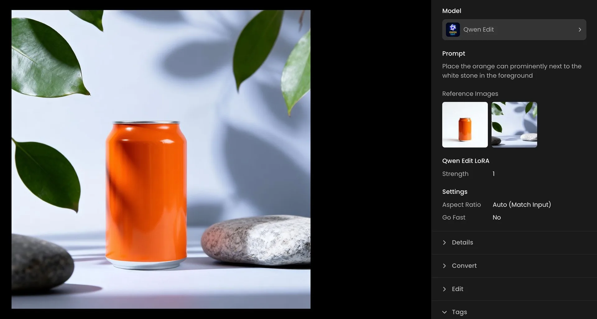 Qwen Edit workflow: placing a can in an existing background shot.