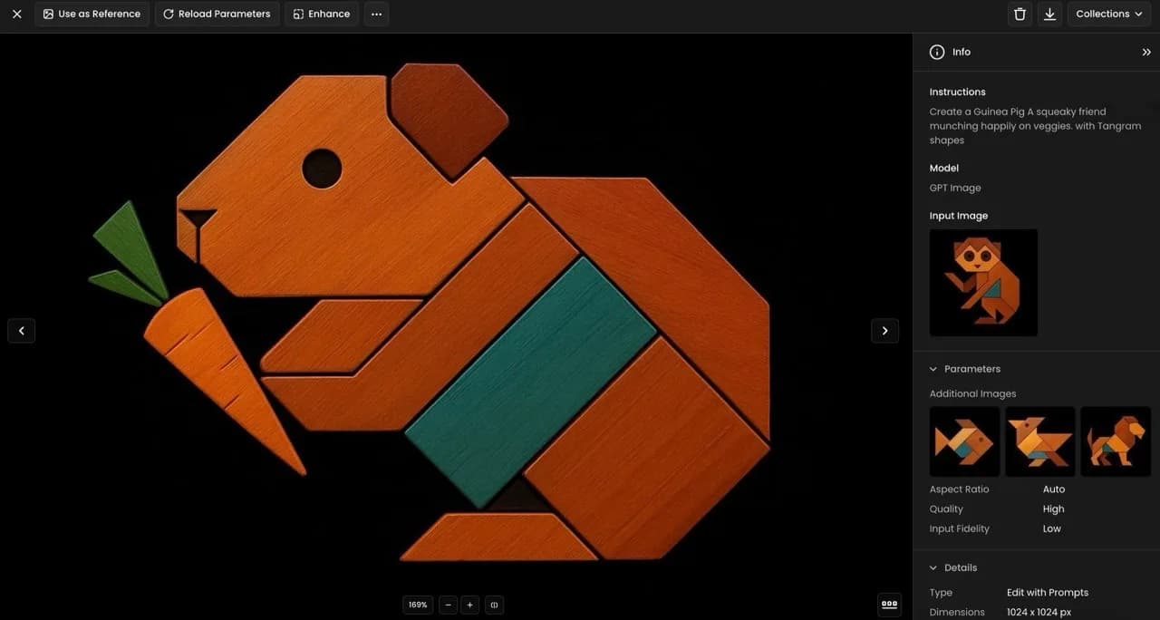 Mad Brain Games using Scenario's Edit with Prompts feature to create a guinea pig character for Tangram Ninja