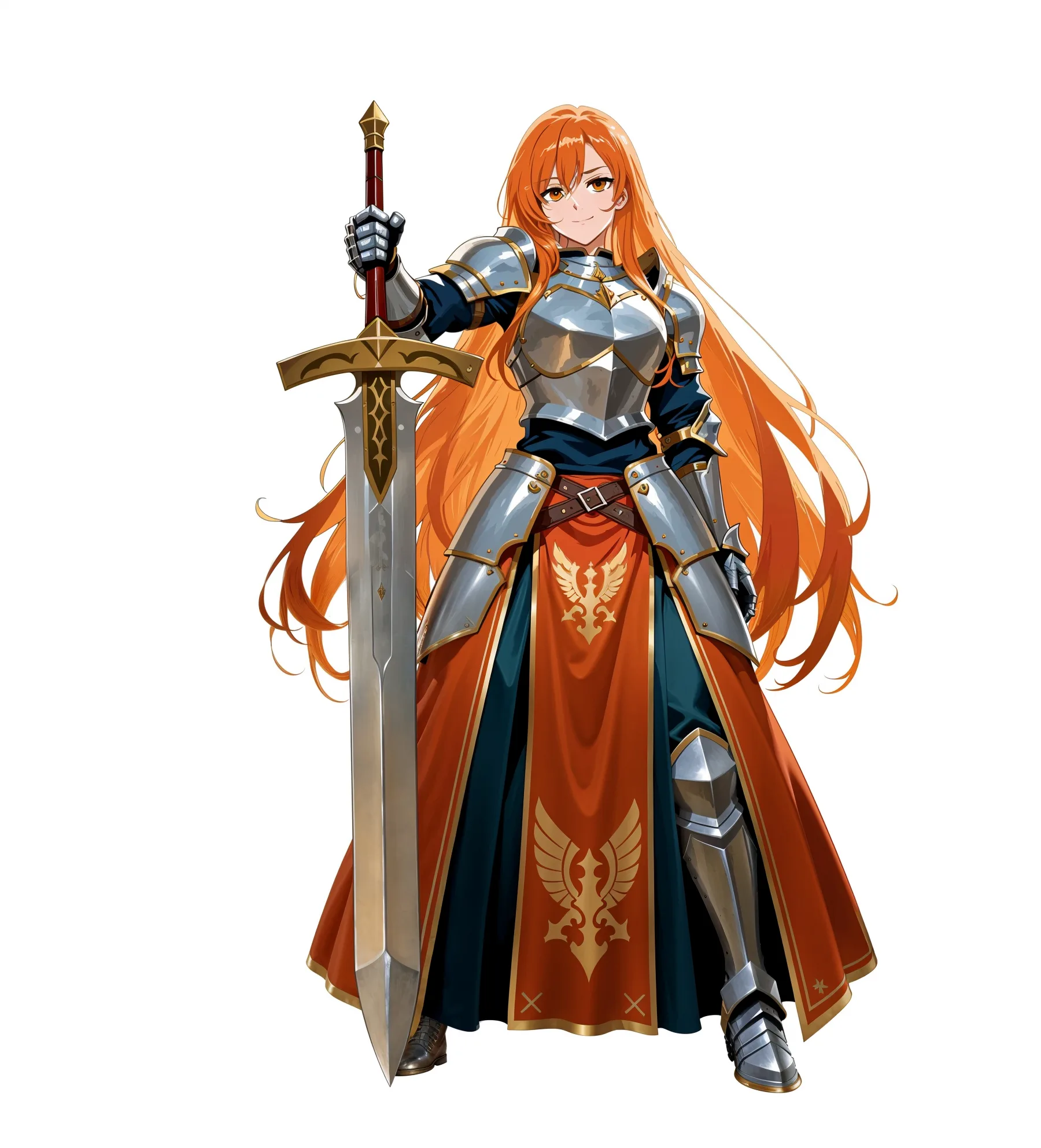 Anime female warrior knight with long orange hair wearing steel plate armor and red tabard, holding ornate sword with gold cross-guard