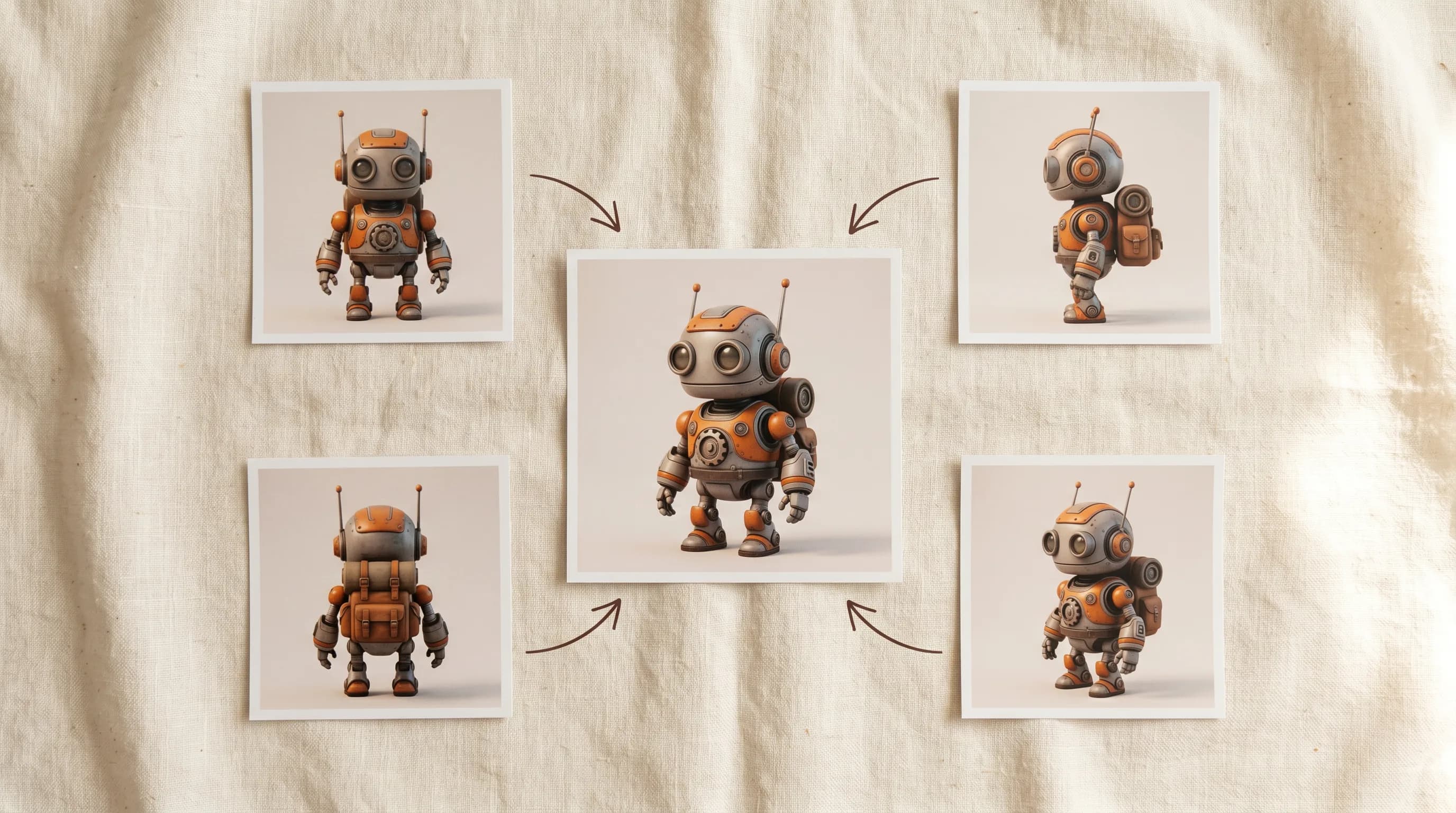 Orange and gray robot character with multiple design variations shown on white cards against beige fabric backdrop