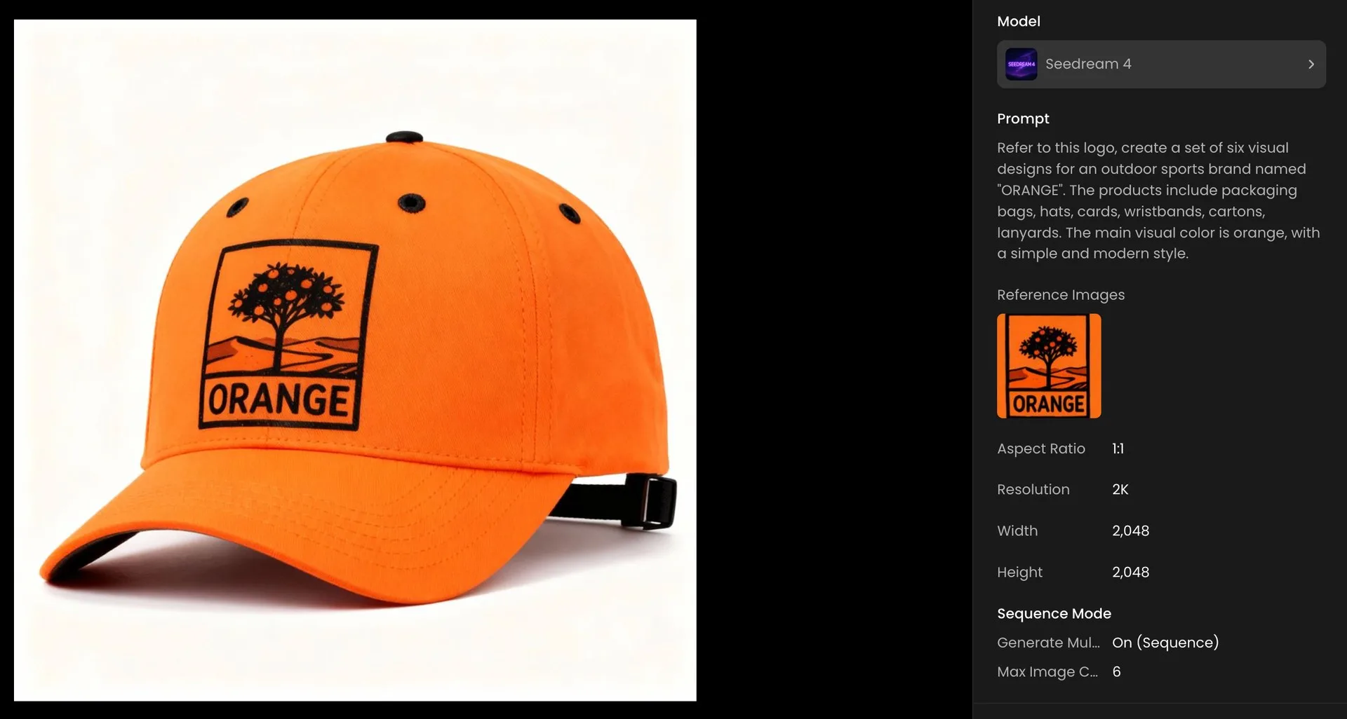 Bright orange sports cap featuring the ORANGE brand logo with a stylized tree and bold text for outdoor activities.